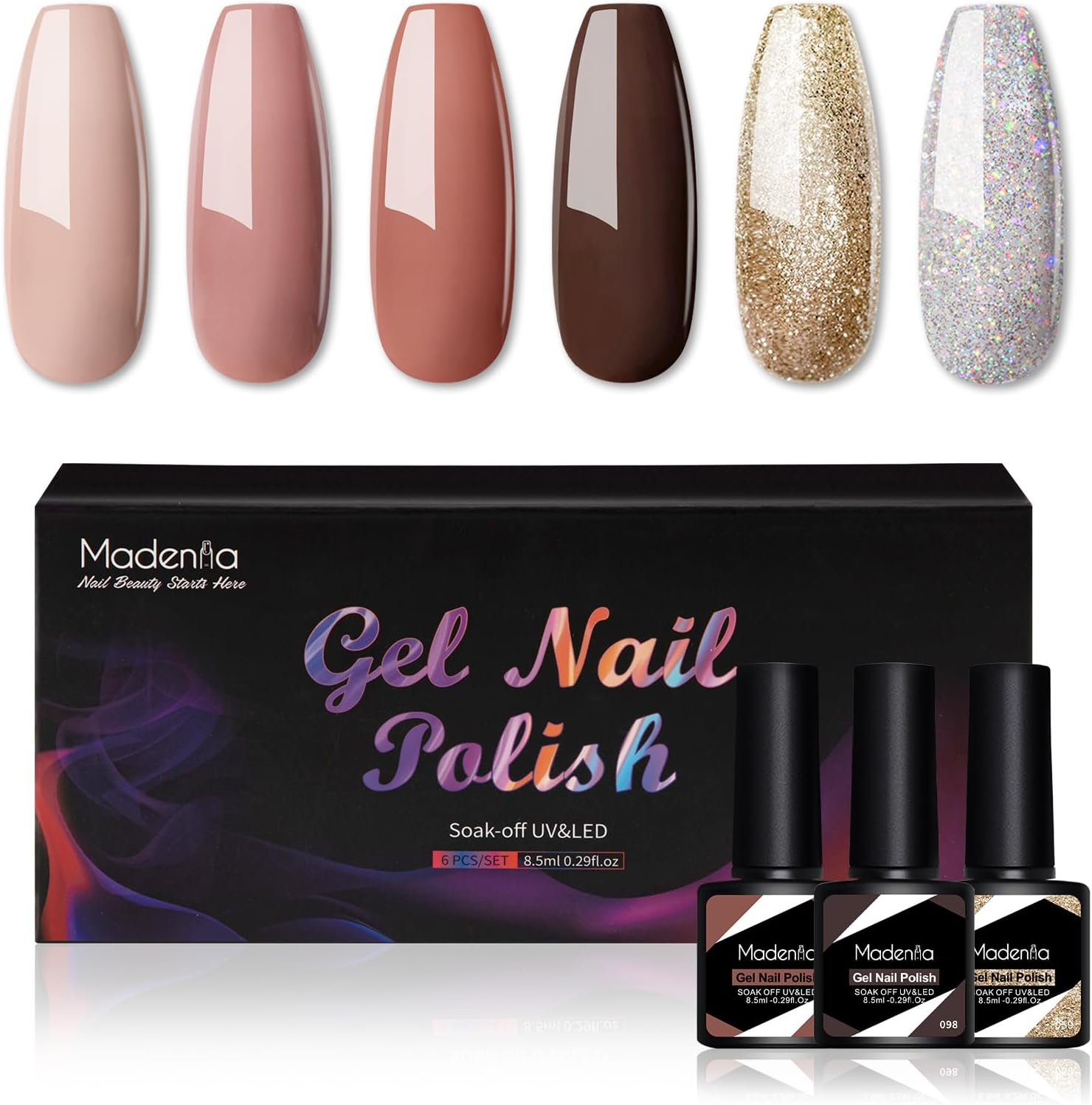 Madenia Gel Nail Polish Set: 6 Colours Red Burgundy Glitter Nail Polish Set Soak off UV/LED, Quick Drying Nail Varnish Nail Art DIY Manicure Salon & Home for Women, 8.5ML