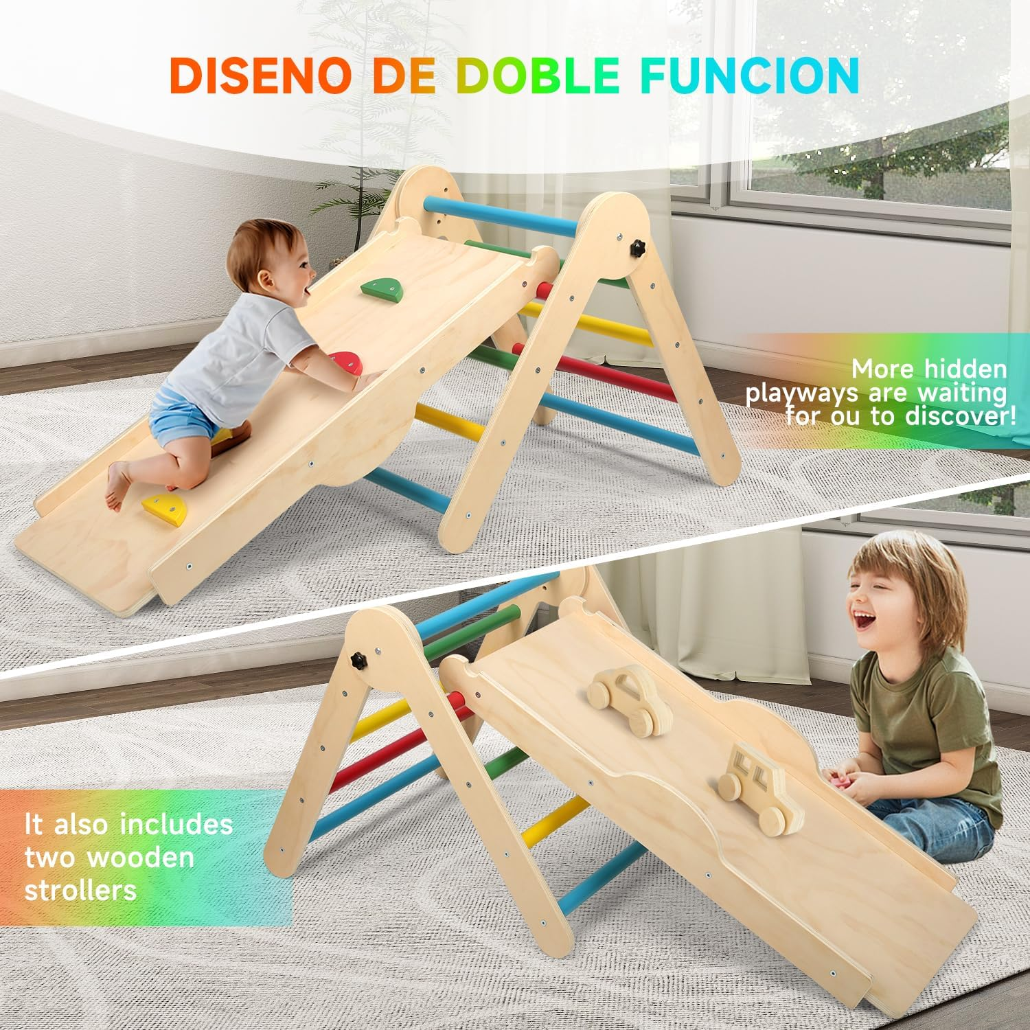 Omebel 8-In-1 Foldable Pikler Climbing Set | Baby Climbing Gym with Triangle, Ramp, Slide & 2 Toy Cars | Montessori Toys for Toddlers to Develop Motor Skills | Indoor Kids Climbing Frame (Natural) image number 1