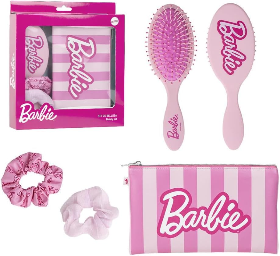 Barbie 4 Piece Hair Accessories Set: Hair Brush, Scrunchies, Bag in Gift Box (Pink, 1 Piece) image number 6