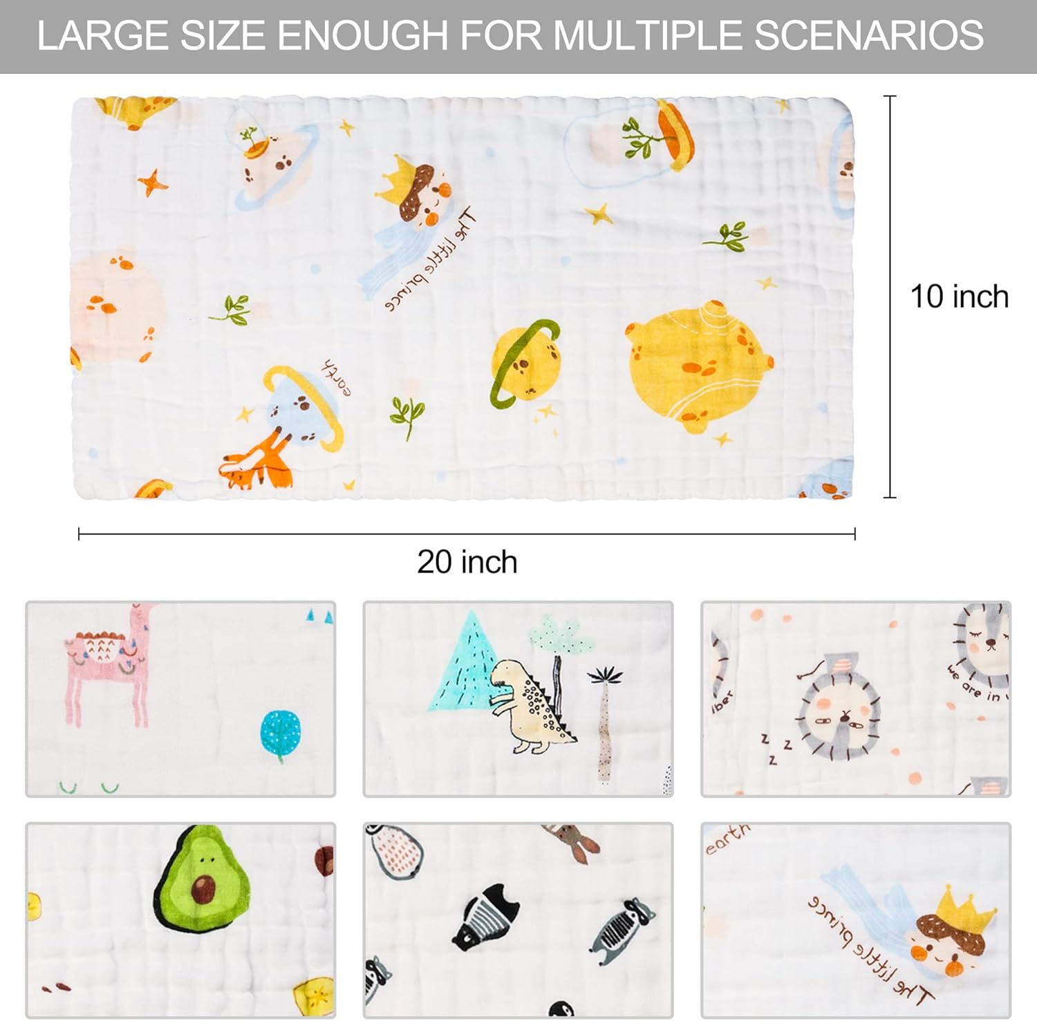 Fook Fish Muslin Burp Cloths Cotton Burping Cloth 20'' X 10'' Pack of 6 for Baby Spit up Cloths for Newborn,Absorbent,Soft,Large,6 Layers,Baby Burp Rags,Unisex,For Boys and Girls image number 2