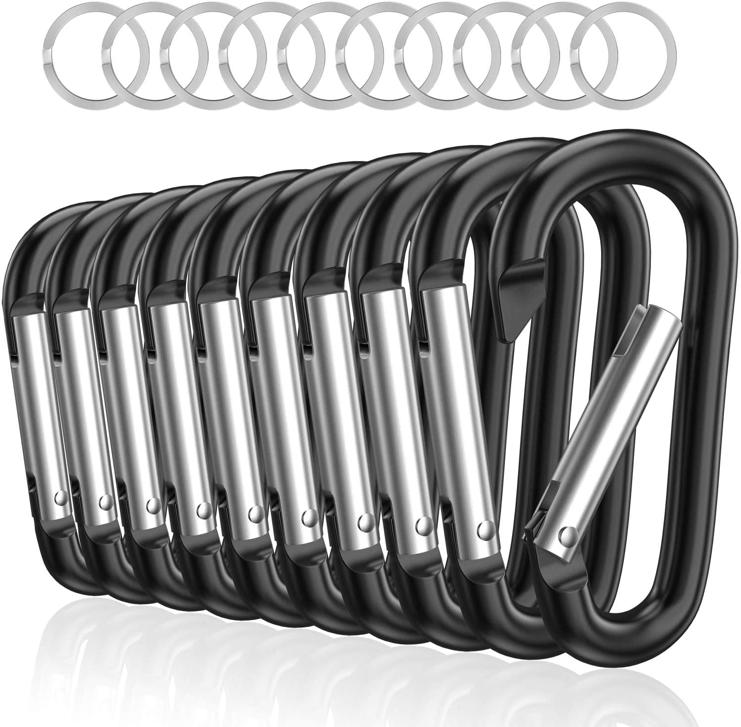 Sprookber 3" Aluminum Carabiner D Ring, Caribeener Clips, Spring Snap Hook for Keychain Clip, Set of 10 (Black)