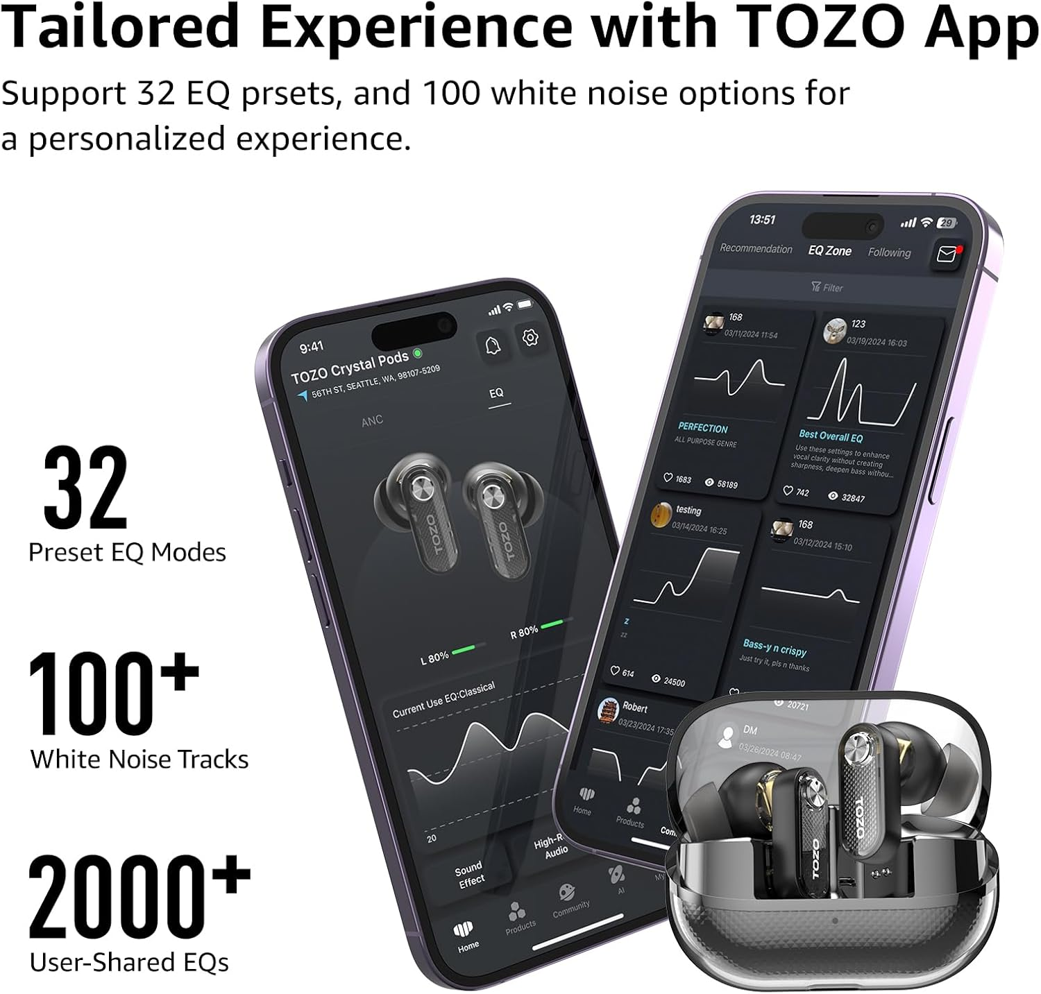 TOZO New Upgrade Hybrid Active Noise Cancelling Wireless Earbuds, 4 Mics ENC AI Clear Calls, Crystal Case, Bluetooth 5.4 in Ear Headphones Stereo Bass Heasets, Waterproof Headset, 32 Eqs via App image number 6