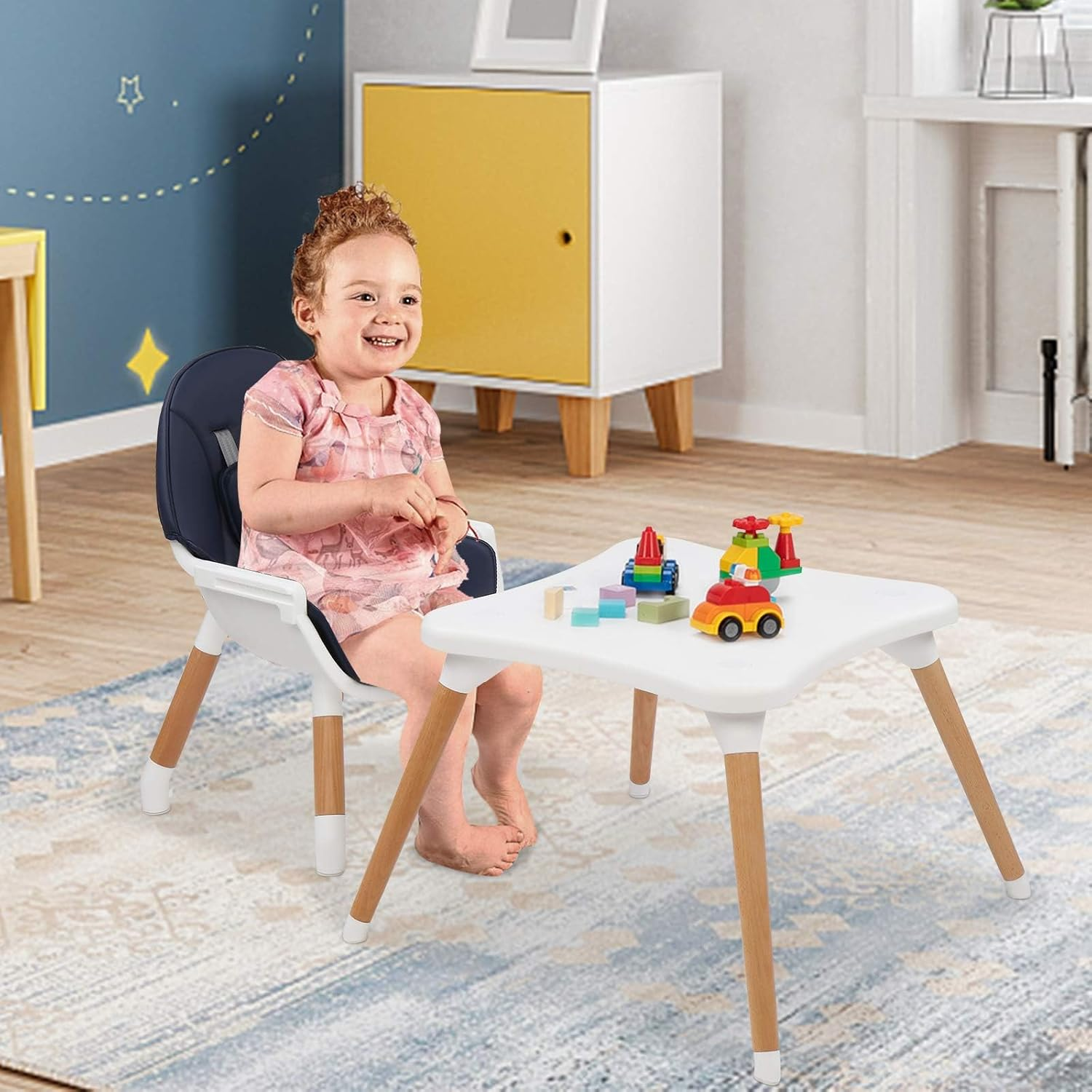 Baby High Chair, 5 In1 Convertible Table and Chair Set for Babies and Toddlers, Wooden Infant Eating Highchair with Leather Seat Cushion, 4-Position Removeable & Adjustable Tray image number 3