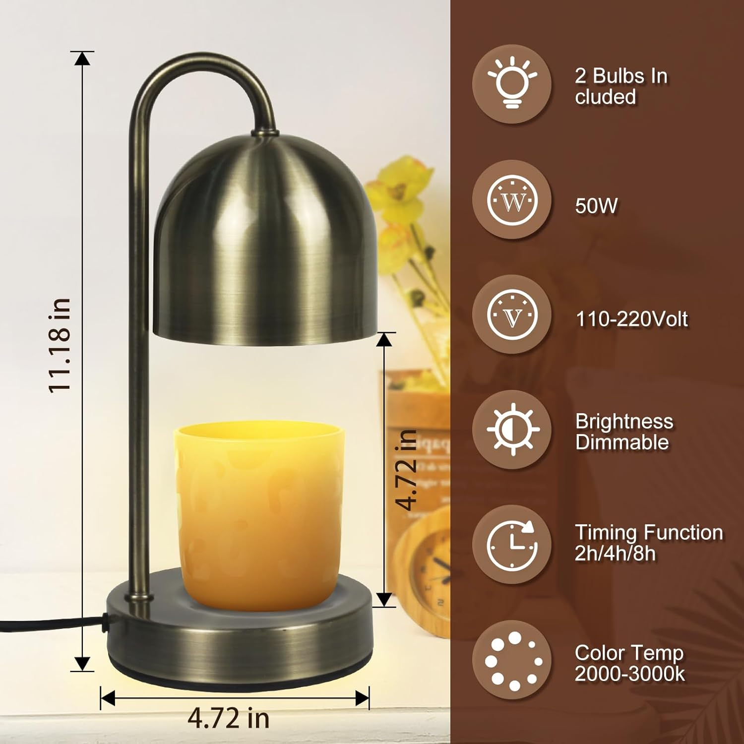 Yudoutech Dimmable Candle Warmer Lamp - Copper Metal Candle Wax Warmer with 2 * 50W Bulbs, Timer & Dimmer, Perfect for Bedroom and Living Room Decor image number 1
