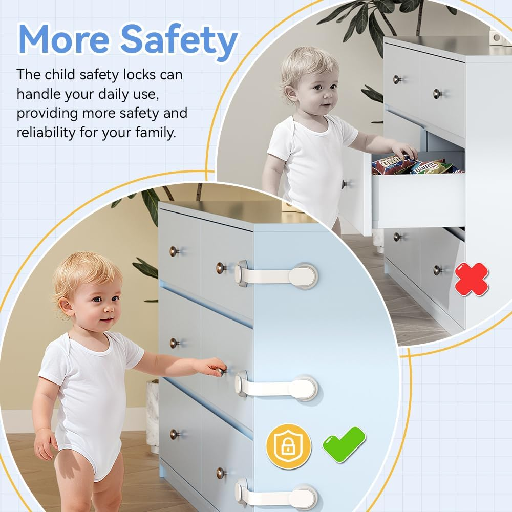 SAFELON 6 PCS Child Safety Locks, Cupboards Straps Locks, Baby Safety Drawer Locks, Childproof Locks for Cabinets, Kitchen, Toilets, Cupboard, Easy Install, No Tools Needed (White) - White image number 2