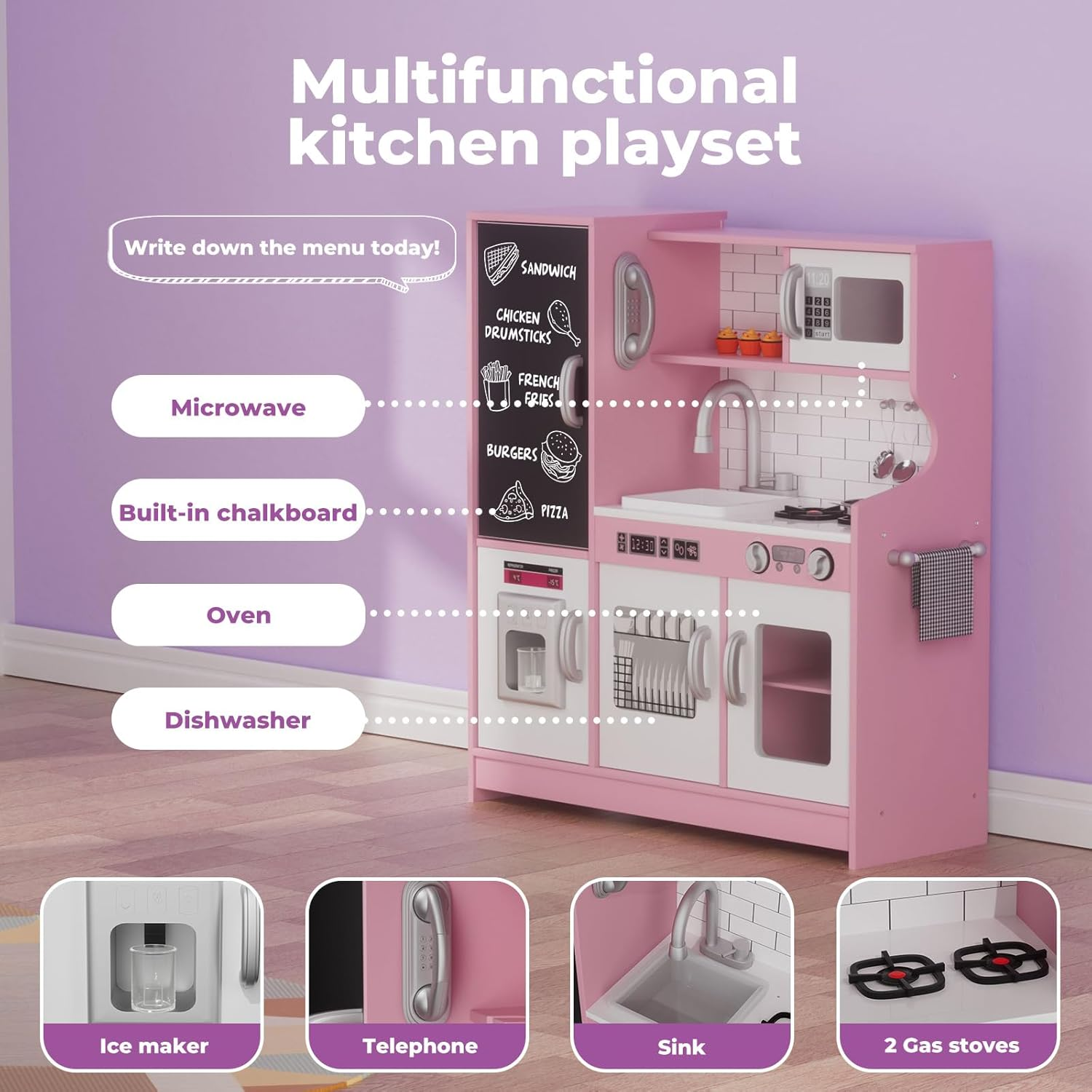 Bopeep Kids Kitchen Playset, Wooden Pretend Play Kitchen, Sink, Faucet, Stove, Microwave, Oven, Utensils, Ice Maker, Dishwasher, Towel Rack & Sweet Accessories, for Boys Girls Aged 3+, Pink image number 5