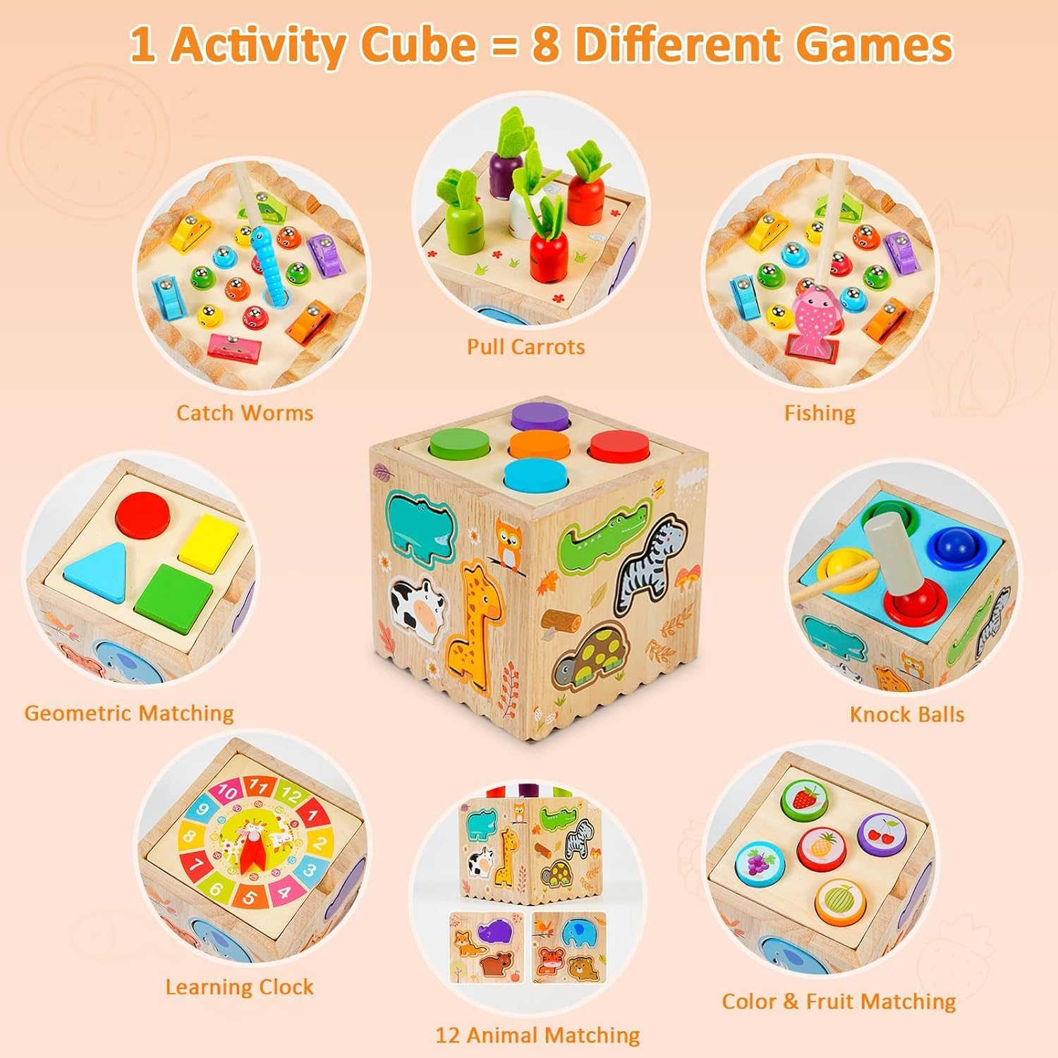 Wooden 8-In-1 Activity Cube, Toddlers Montessori Toys for 1 2 3 Year Old Educational Learning Preschool Learning Motor Skills Game Toy for Baby Boys Girls Birthday Gift image number 5