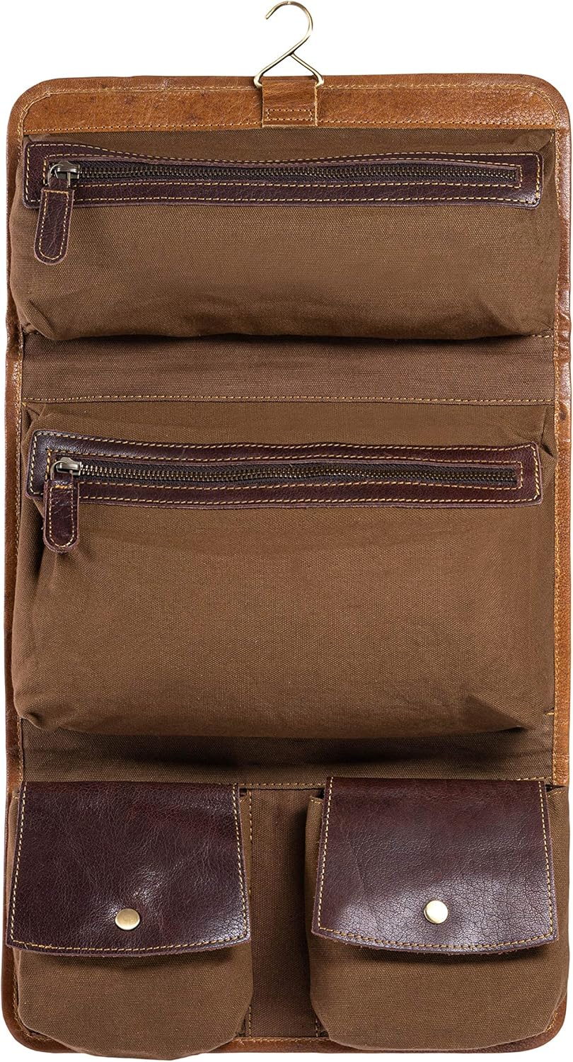 Komalc Genuine Buffalo Leather Hanging Toiletry Bag Travel Dopp Kit Yellow Tan - Distressed Tan image number 2