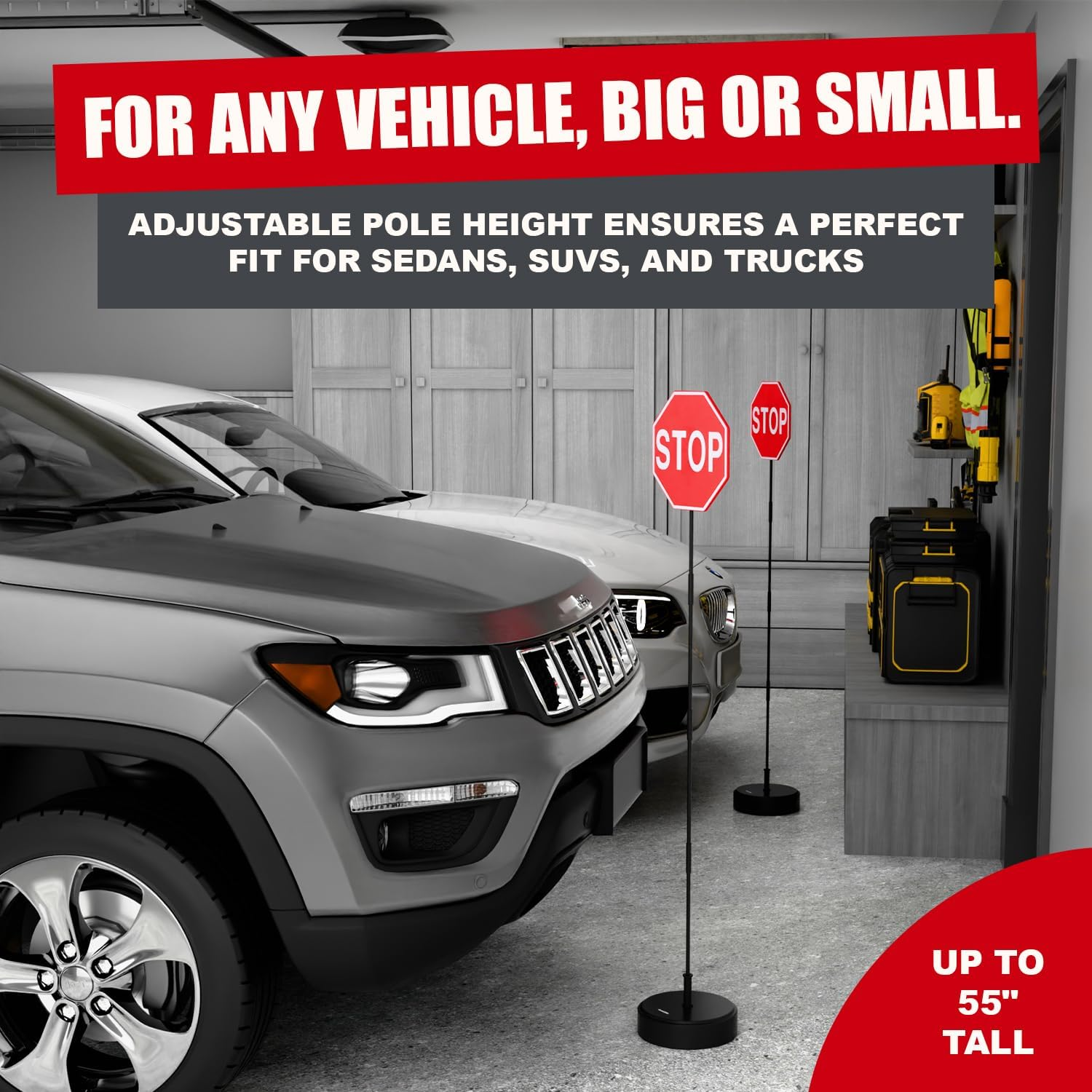 SECURITYMAN LED Stop Sign for Garage Parking Assist (2 Pack) - Stress Free - Large 7" Sign, Bright Red Leds, Adjustable Height (Up to 54") - Garage Car Stop Indicator That Lights up with Contact image number 2