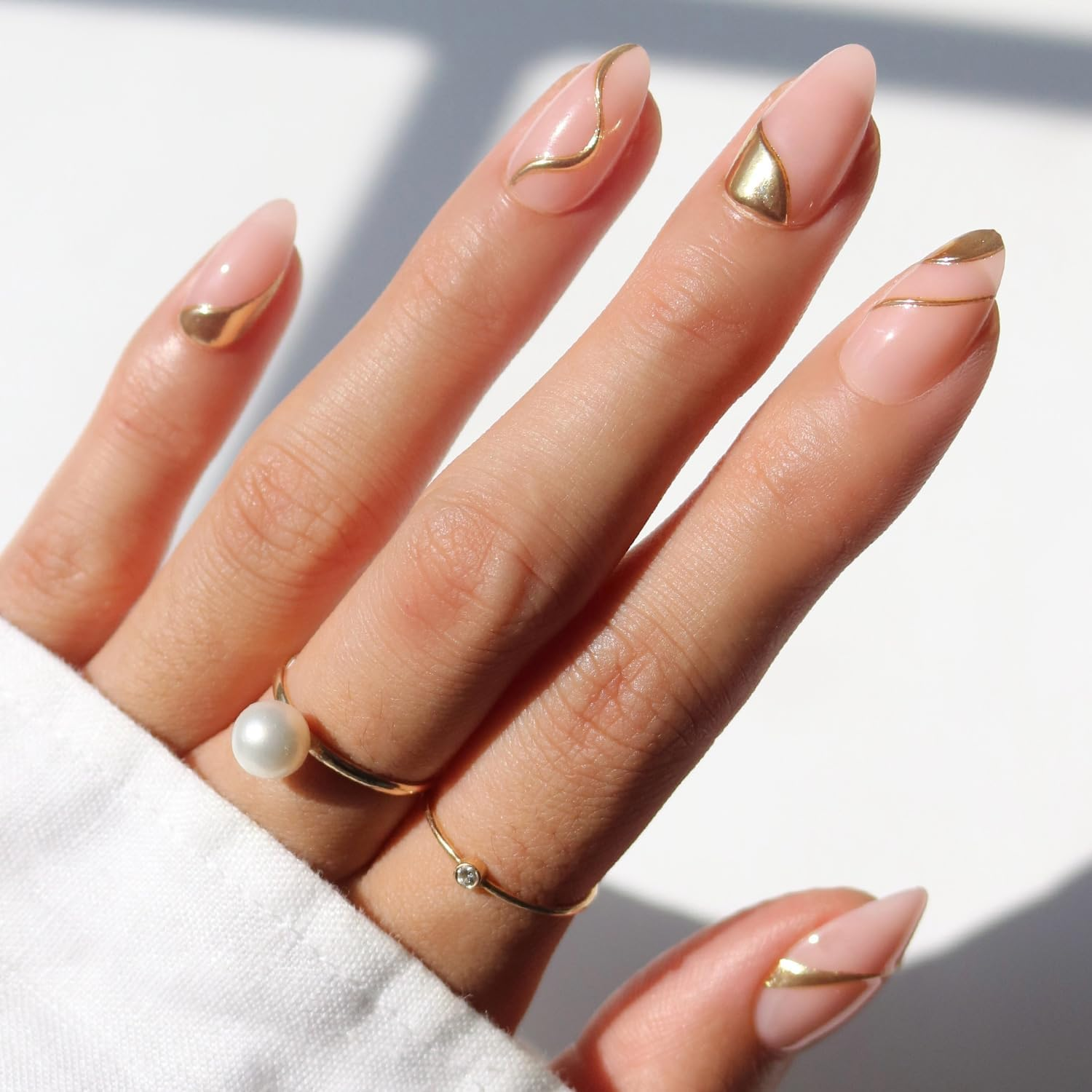 Glamnetic GLAMZILLA - I AM a RICH MAN? | Short Nude Almond False Nails with Gold Foil, Reusable | 15 Sizes - 30 Nail Kit with Glue