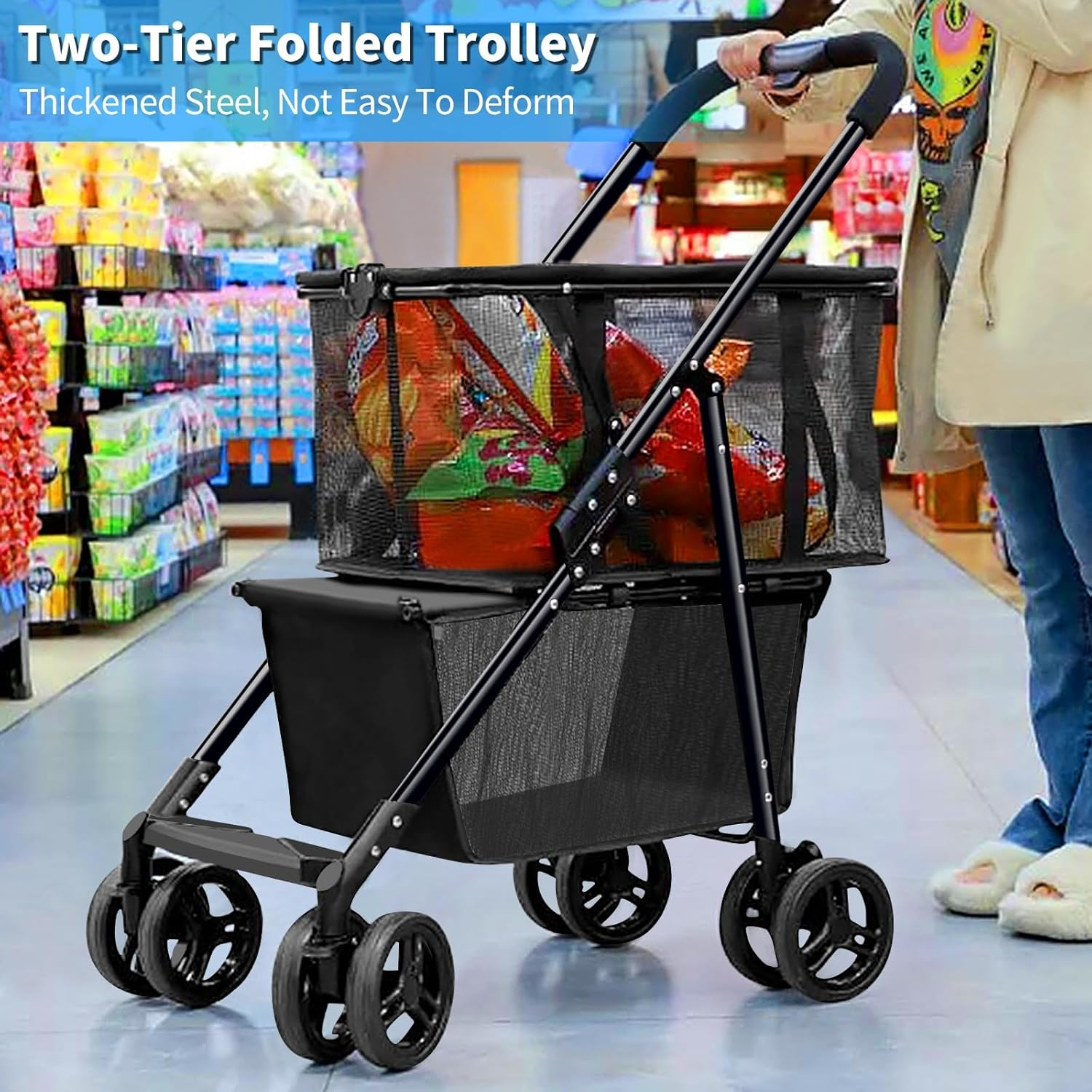 Foldable Shopping Cart 120 Liters Double Layer Portable Shopping Trolley Carts Grocery Cart Utility Cart with Removable Storage Bag Larger Capacity for Office Shopping Picnic Groceries Laundry image number 3