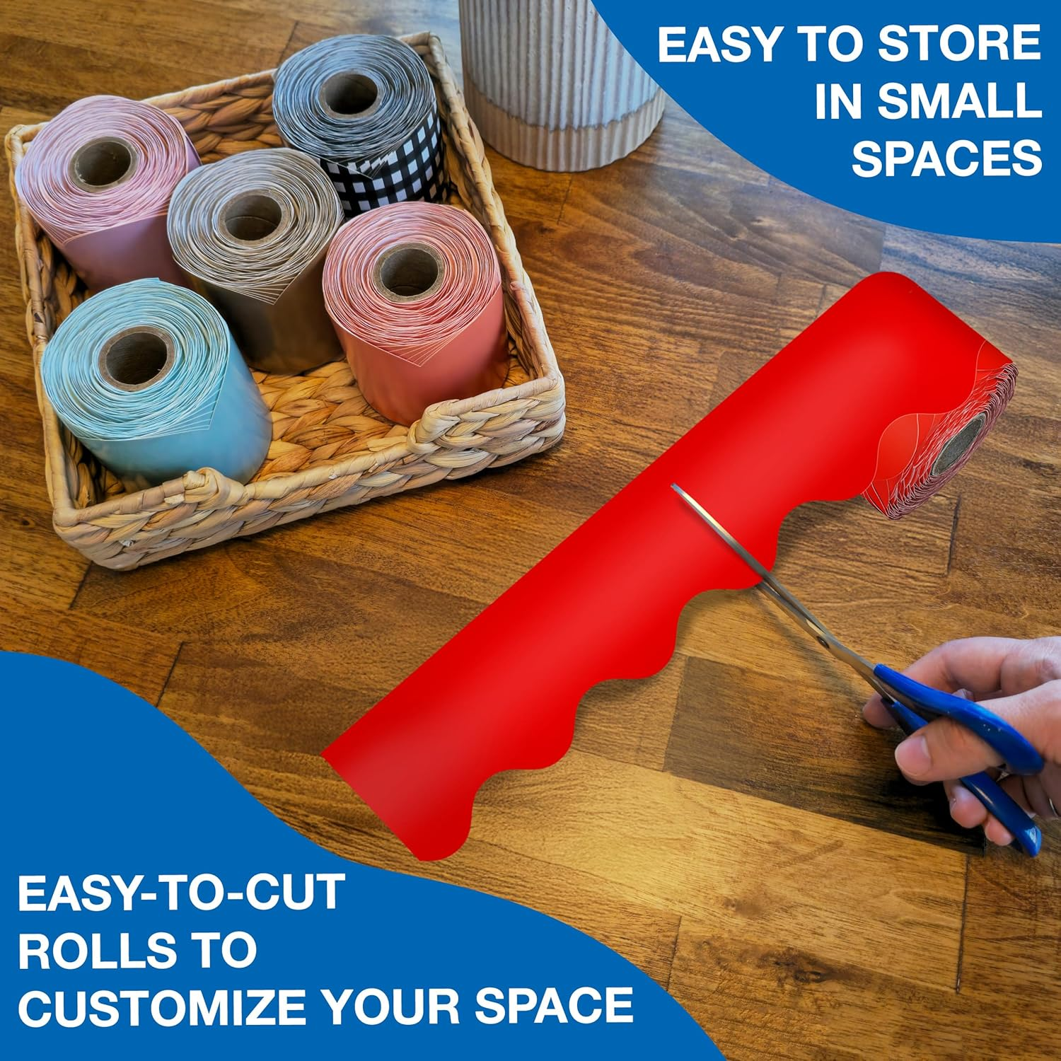 Carson Dellosa 65Ft of Red Bulletin Board Borders, 1 Roll of Scalloped Trim for Rolling Whiteboard, Cork and Posterboard, Valentines Day, Christmas Decorations, Party, and Classroom Decor image number 3