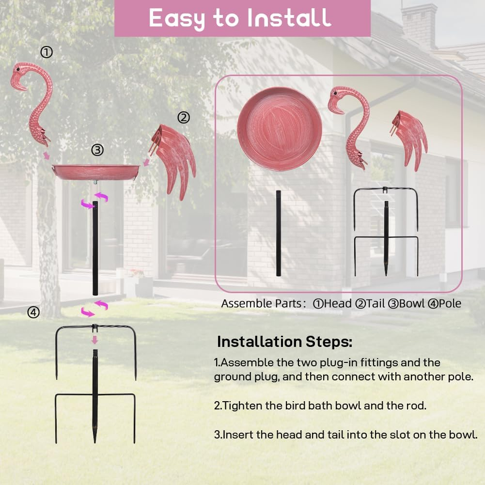 Pink Flamingo Bird Baths for Outdor, 12 Dia Metal Bird Bath Bowl with 5 Prongs Ground Stake, Rustproof Birdbaths for Garden, Yards Lawn Patio, Bird Lovers Gift