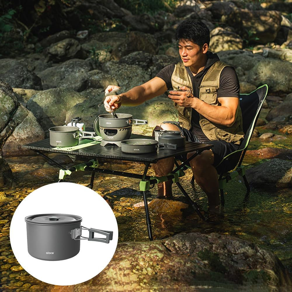 Camping Cooking Pot Aluminum Alloy Camping Cookware with Folding Handle for Camping Picnic Hiking, 1L/1509 image number 1