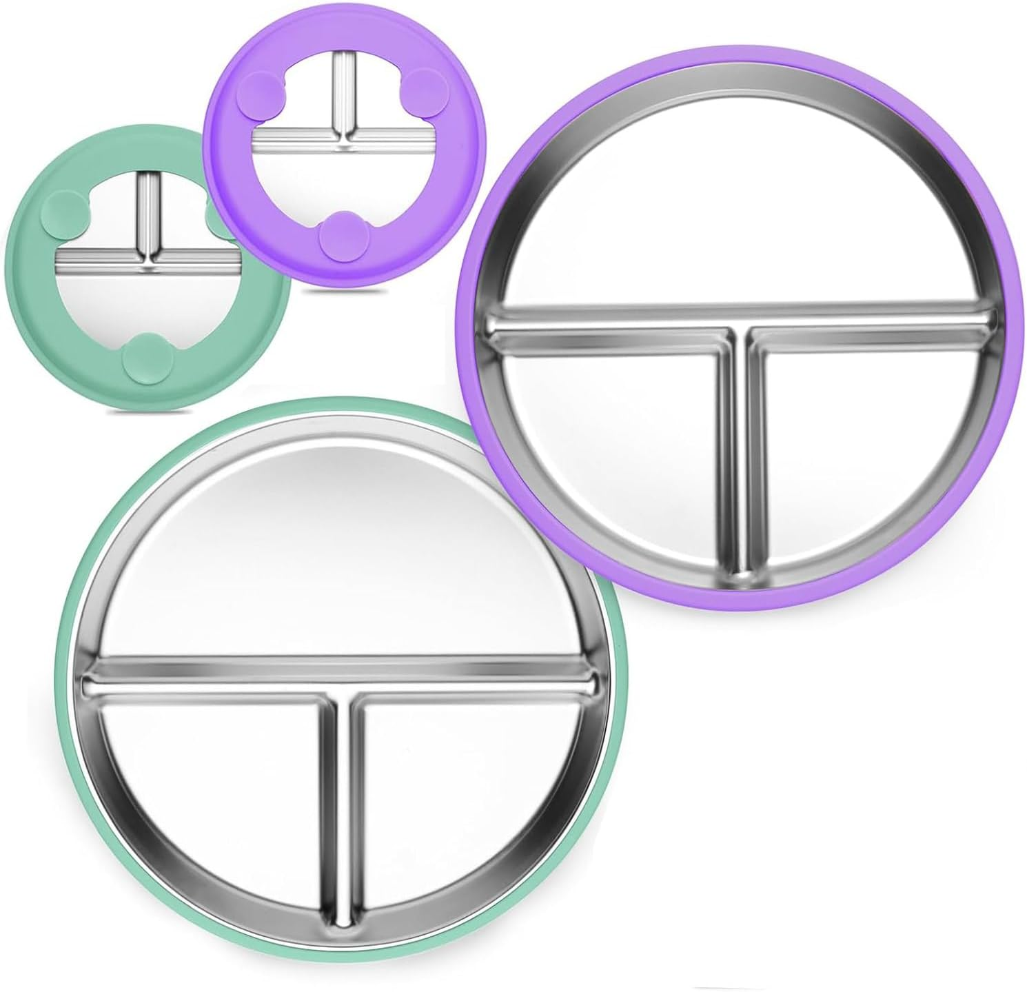 2-Pack Stainless Steel Baby Plates with Suction, 9"/ 23 Cm Divided Bpa-Free Kids Plates, Non-Slip Toddler Plates, (Blue+Pink)