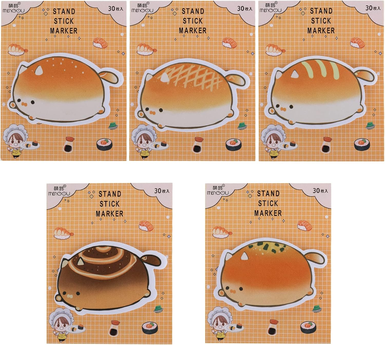 TIESOME Cute Sticky Notes, 5 Pack Cartoon Sticky Notes Cat Bread Shape Markers Flags Self-Stick Memo Pads Students Home Office Roommates Gifts Tab Supplies 150 Sheets image number 5