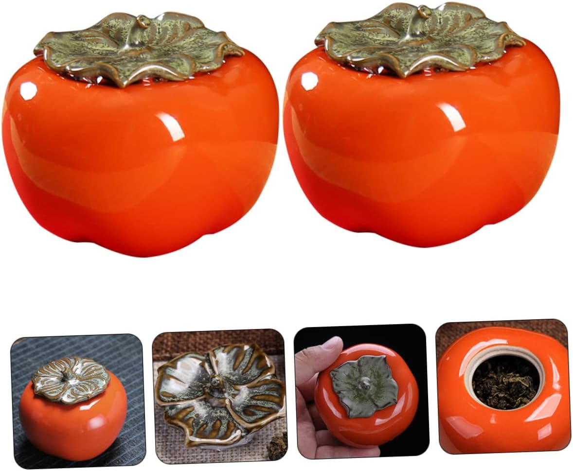 FELTECHELECTR Ceramic Tea Canister with Airtight Lid, 150Ml Persimmon-Shaped Storage Jar, Sealed Multipurpose Container for Home Tea Leaf and Candy Storage, 2Pcs Set, Orange image number 4