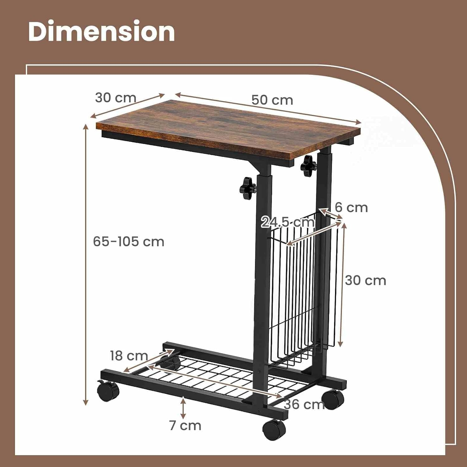 Costway Height Adjustable C Shape Side Table, Mobile End Table with Detachable Wheels, Side Basket and Bottom Mesh Storage, Space-Saving Slide under Sofa Table for Living Room Bedroom (Rustic Brown) image number 1