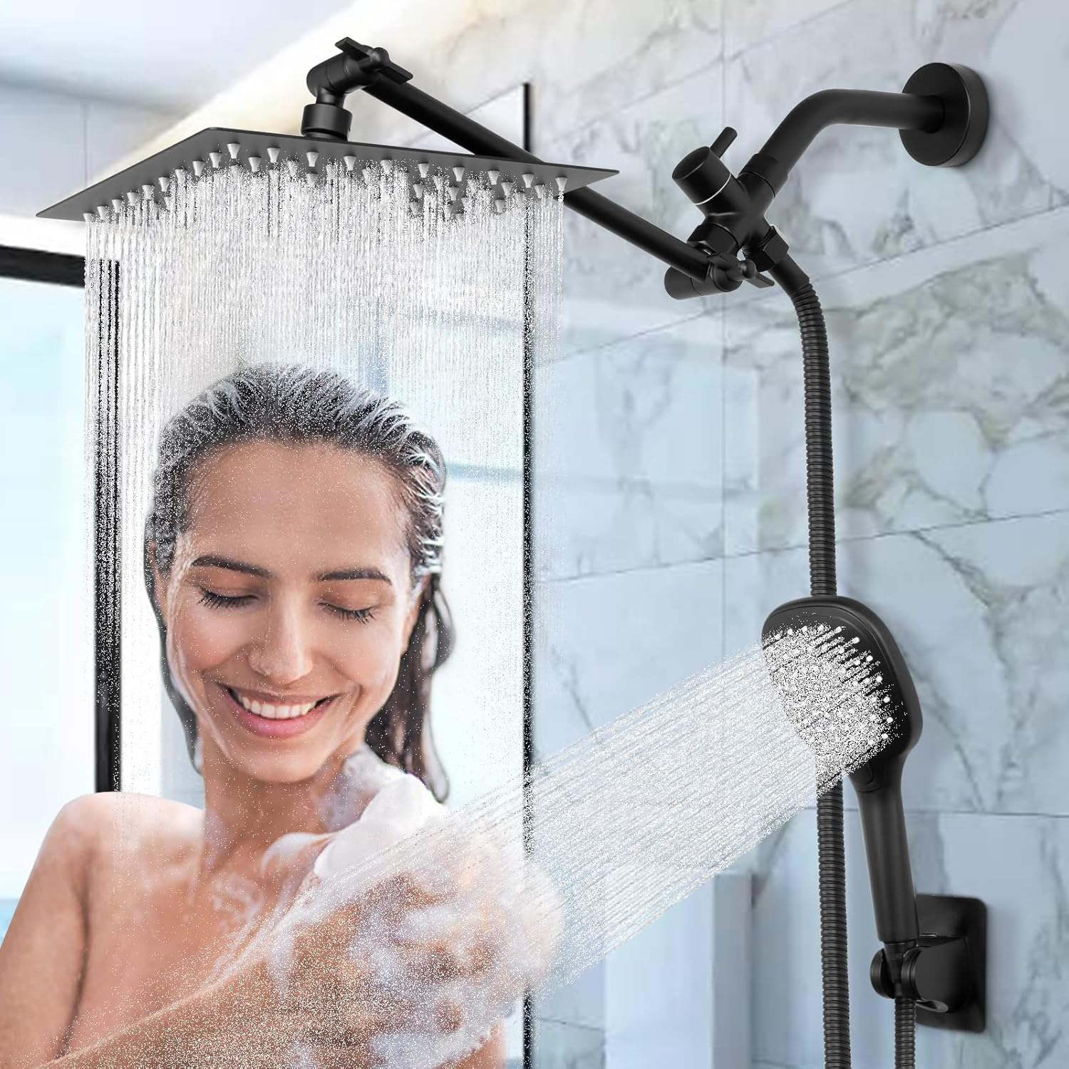 Nearmoon Solid Brass G1/2" Shower Arm All Metal Universal 3-Way Diverter Valve for Handheld and Fixed Head, Replacement Component Adapter (Matte Black) image number 2