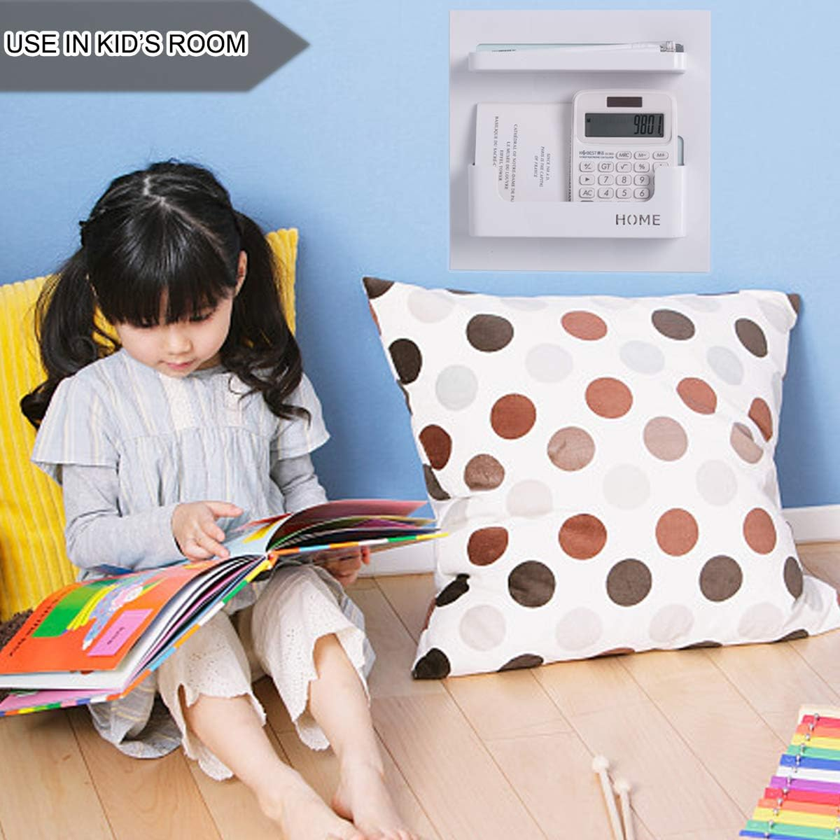 OKOMATCH Bedside Shelf - Stick on Wall Mounted Bed Room,Dorm,Office Adhesive Floating Accessories Caddy Organizer/Holder for Phone,Glasses,Remote Control,Keys,Pens - Plastic Material- White image number 4