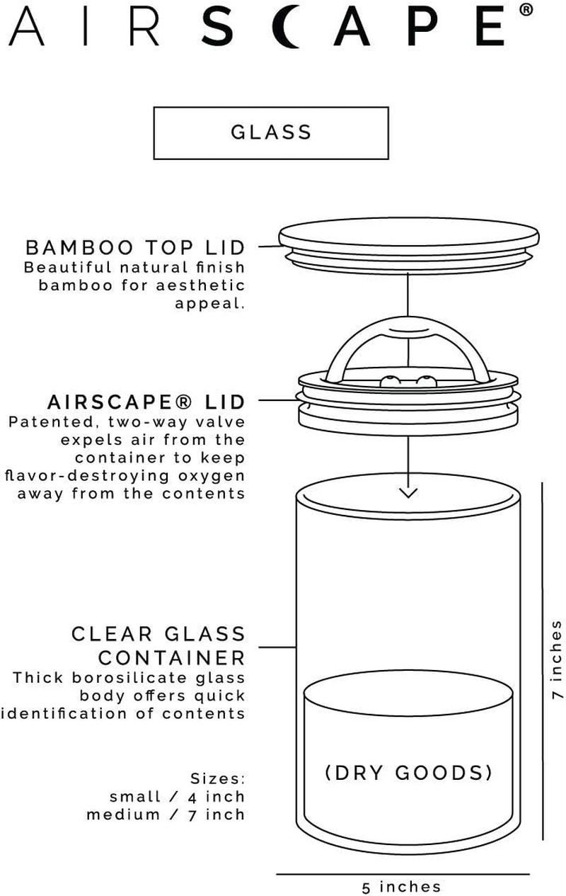 Airscape Glass Food Storage Canister - Glass Storage with US Patented Airless Inner Lid & Bamboo Top Lid - Preserves Food Freshness (Medium 7-Inch) image number 2