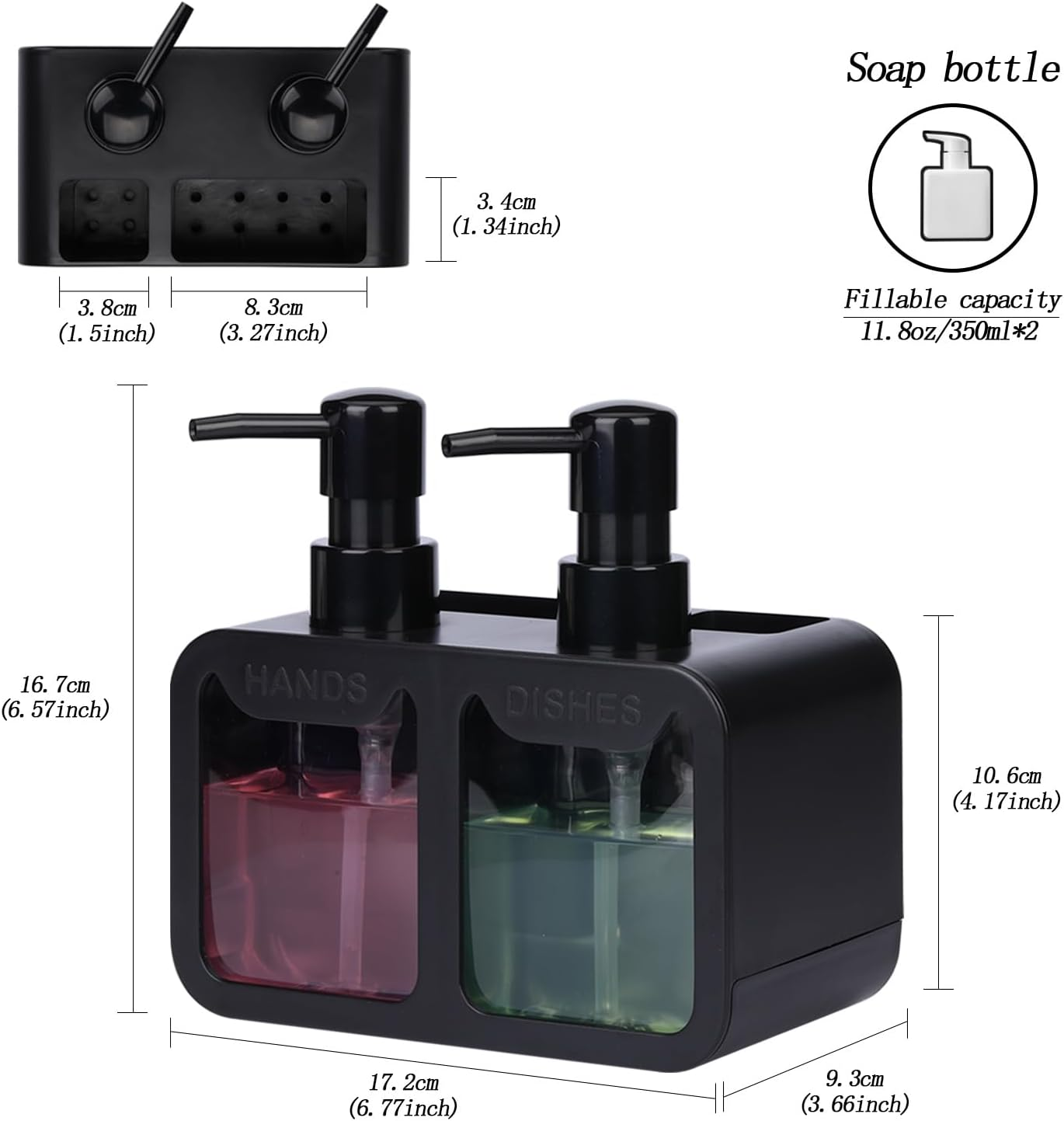Dish Soap Dispenser for Kitchen Countertop with Sponge Caddy and Brush Holder - Refillable Non-Slip Dual Pump 4-In-1 Dispenser Soap Dispenser for Kitchen Sink, Essential Kitchen Gadgets &ndash; Black image number 3
