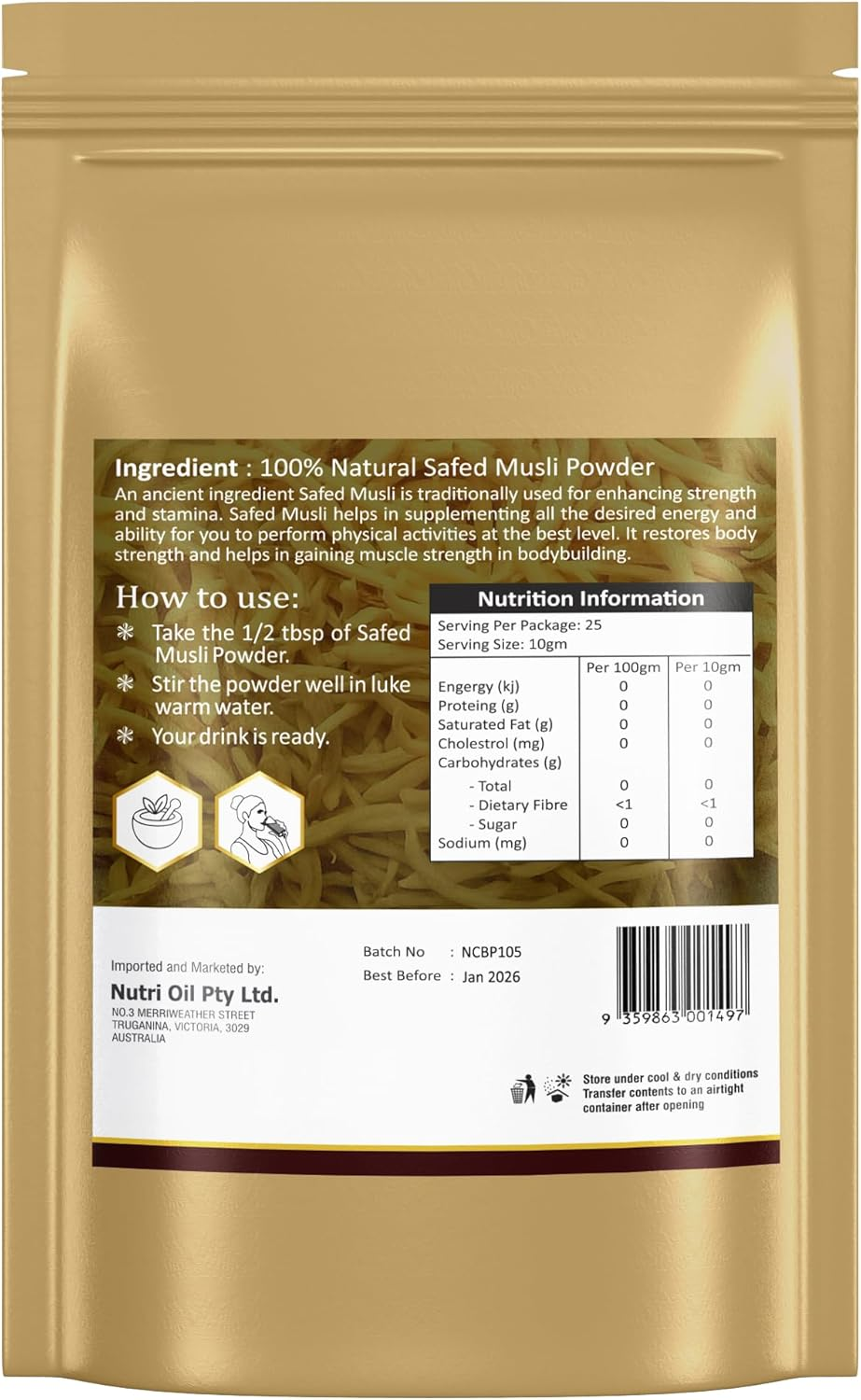 Nutri Glow | Safed Musli Powder | 3.53 Oz (100 G) | Chlorophytum Borivilianum | Herb for Vitality Improve Physical Strength | Muscle Builder Herbal Supplement | Vegan | Ayurveda | Non GMO | Potent Ayurvedic Herb | Resealable Air Tight Pouch image number 2