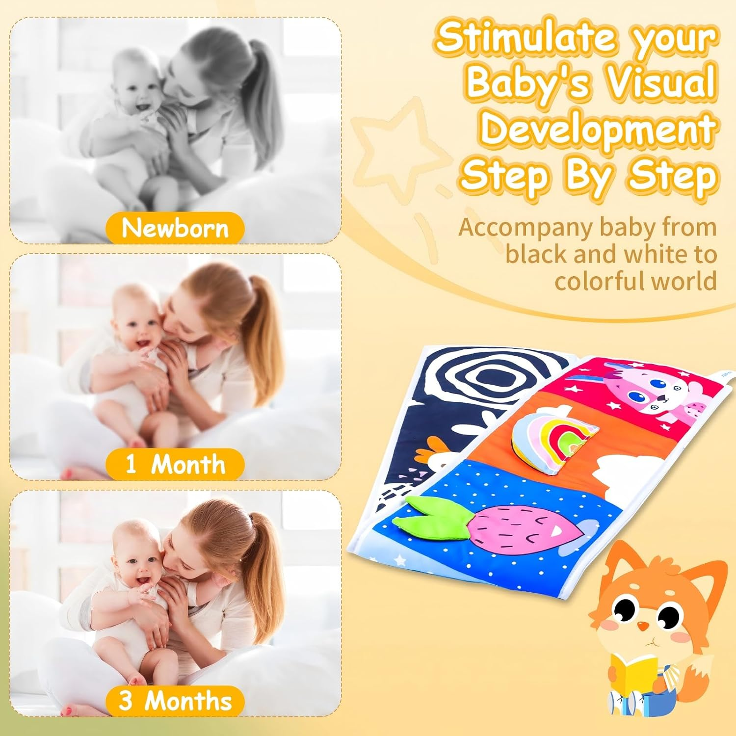 Baby Toys 0-6-12 Months, Tummy Time High Contrast Newborn Toys 0-3 6 Months, Baby Boy Girl Gifts, Visual Stimulation Learning Activity Cards, Soft Baby Book, Montessori Infant Toys 0-12 Months image number 3