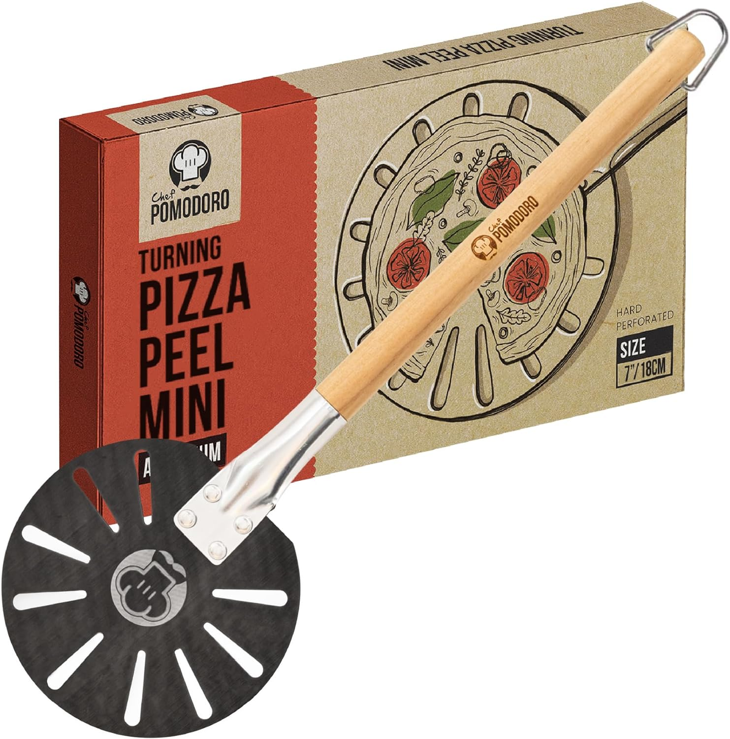 Chef Pomodoro Aluminium Pizza Peel with Wood Handle - Easy Storage, Perforated Turner for Baking Homemade Pizza Bread, 7-Inch image number 2