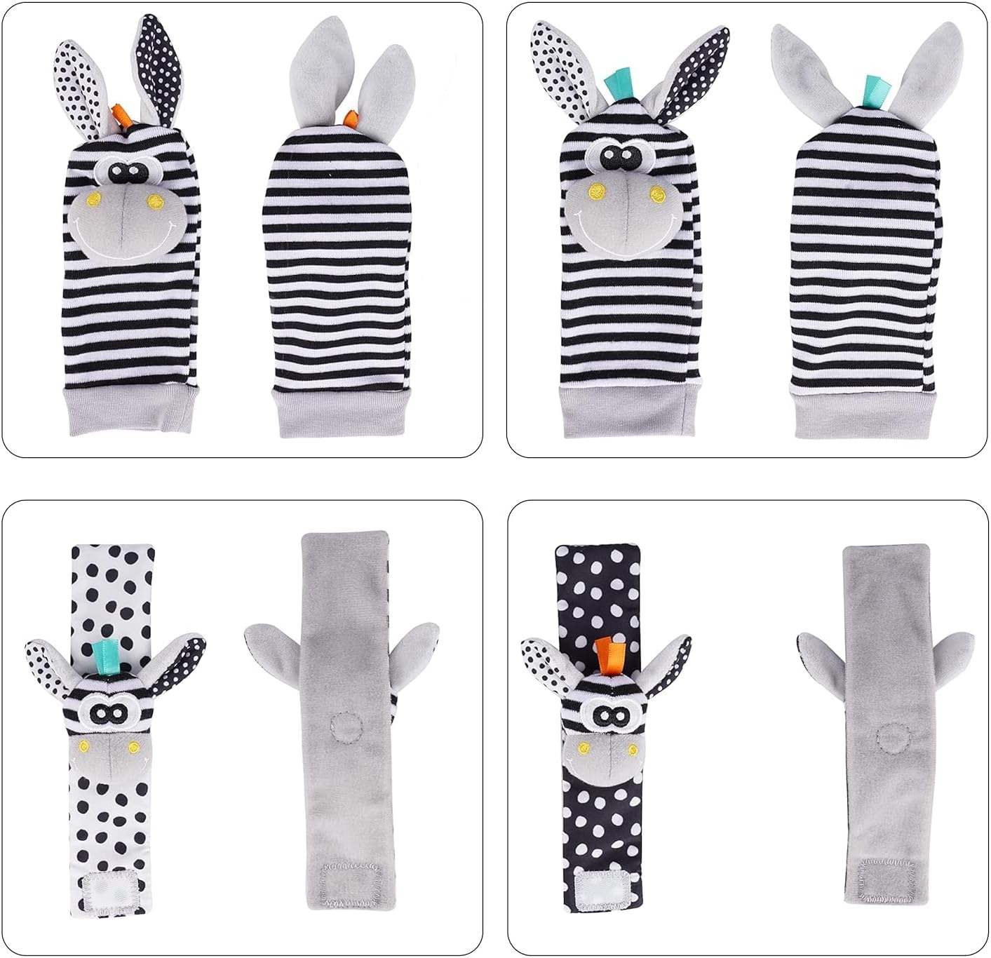 Baby Rattle Socks Wrist Strap Rattles Set, Cute Baby Animal Development Toy Gift for Newborn Babies, Black and White Foot Finder Sensory Set