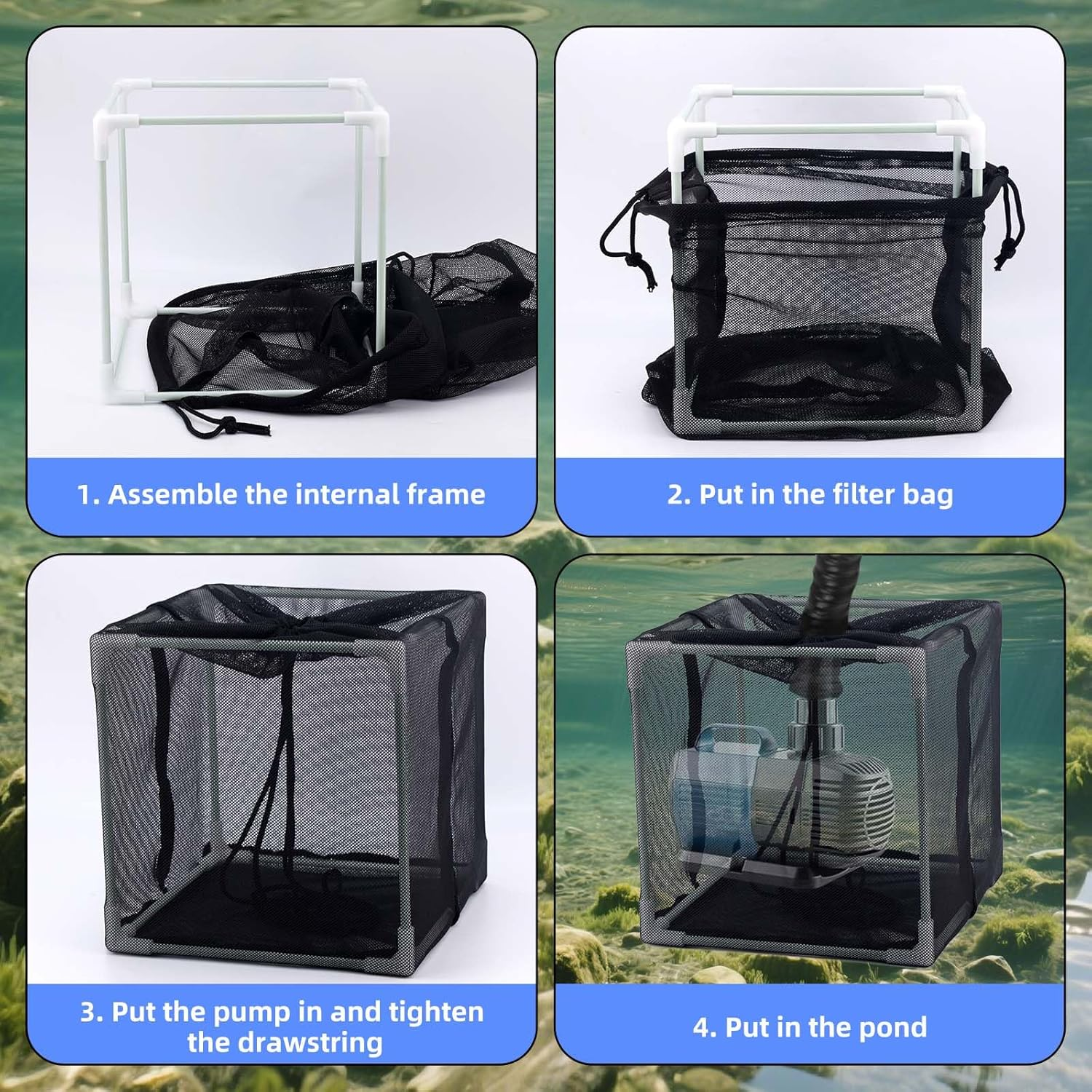 10In Pond Filter Bag, Black Mesh Pump Filter Media Bag Anti-Clogging Cube Pond Cover Water Pump Barrier Box Basket Cage for Outdoor Fish Koi Ponds Swimming Pools Garden Water Features image number 3