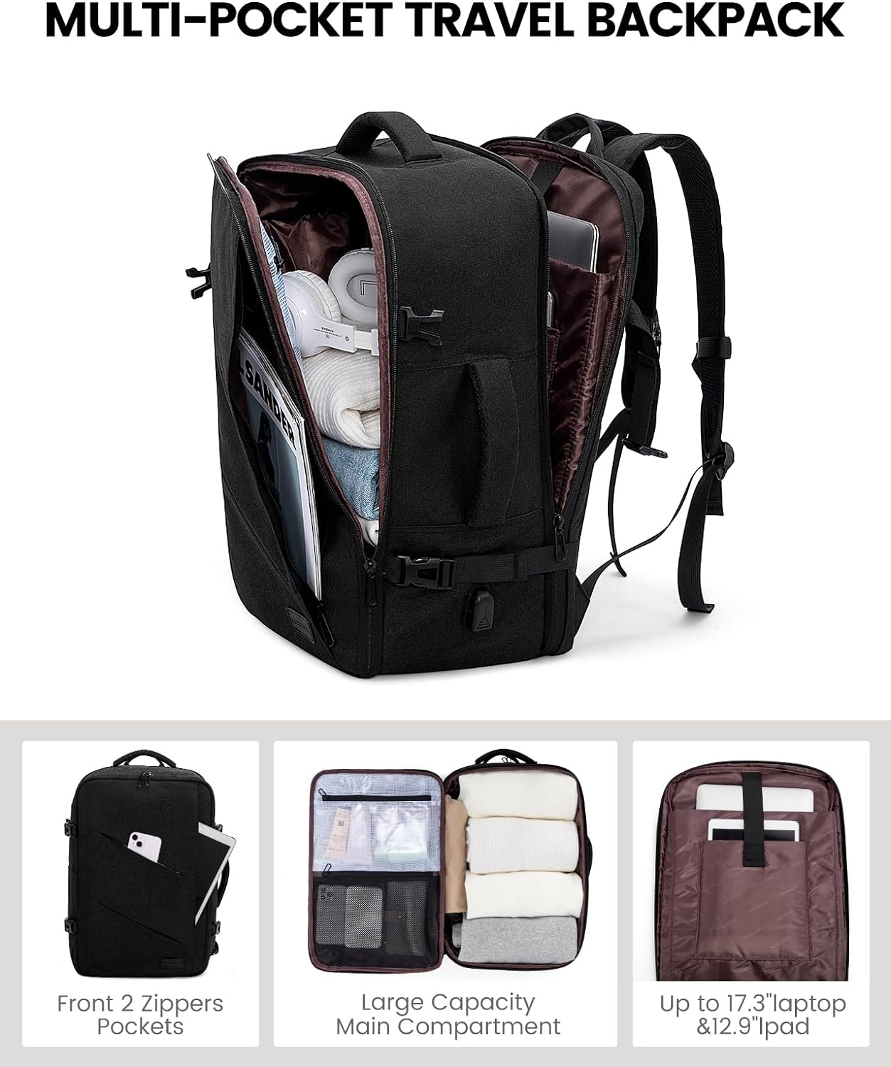 LOVEVOOK Travel Carry on Backpack, Large 40L Personal Item Travel Bag for Men & Women Flight Approved with 3 Packing Cubes, Suitcase Water Resistant Luggage Daypack Business Weekender Bag image number 6