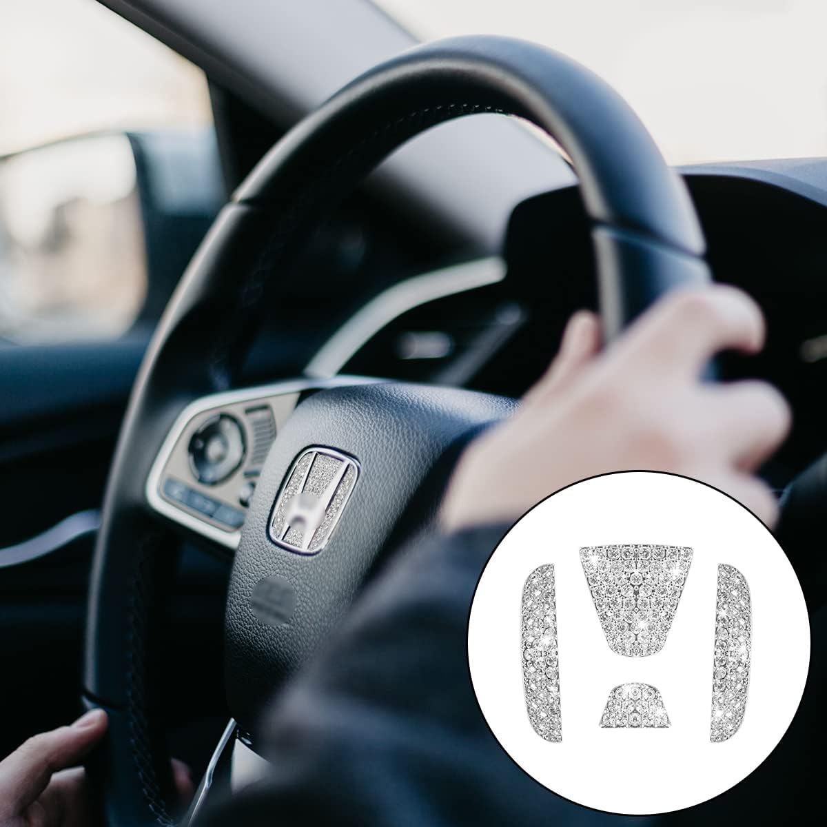 Car Logo Rhinestone Stickers, 3D Rhinestone Car Steering Wheel Decorative Car Bling Accessories Suitable for SUV, Van, Car, Truck (White) image number 2