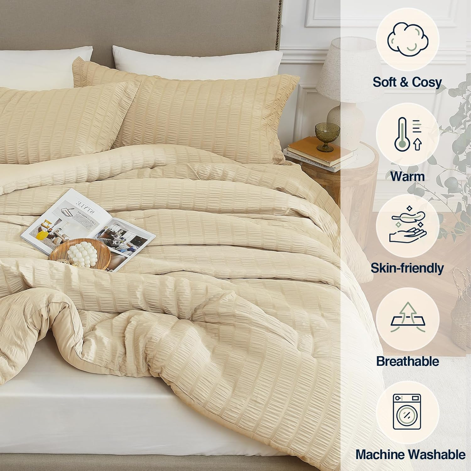 Quataly King Comforter Set Linen,3Pcs Seersucker Lightweight Bedding Comforter for All Season, King Size(104''&times;90'' Comforter & 2 Pillowcases) image number 5