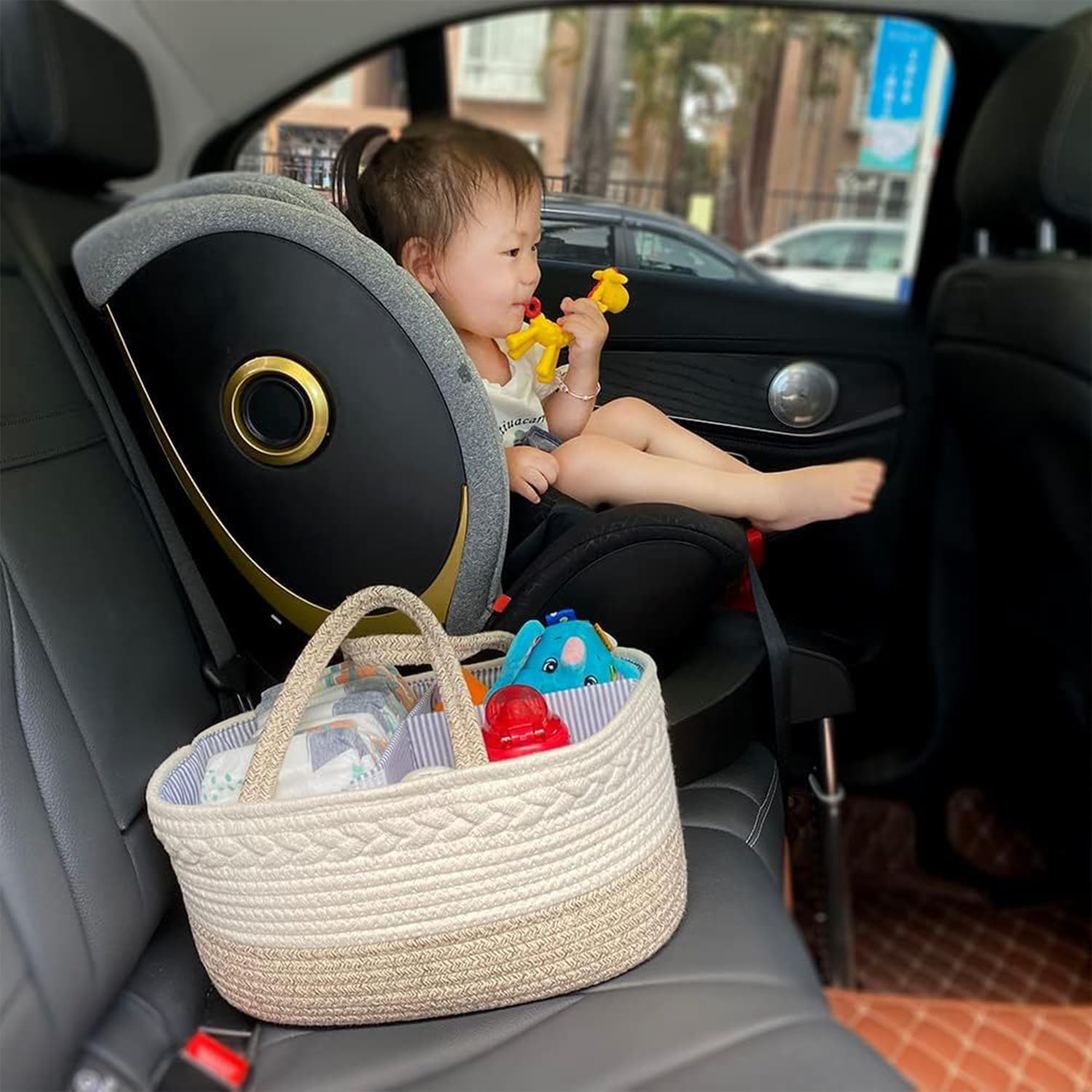 Large Baby Diaper Caddy Organizer for Girl Boy Rope Nursery Storage Bin Basket Portable Holder Tote Bag for Changing Table Car Travel Baby Shower Gifts Newborn (White and Beige) image number 2