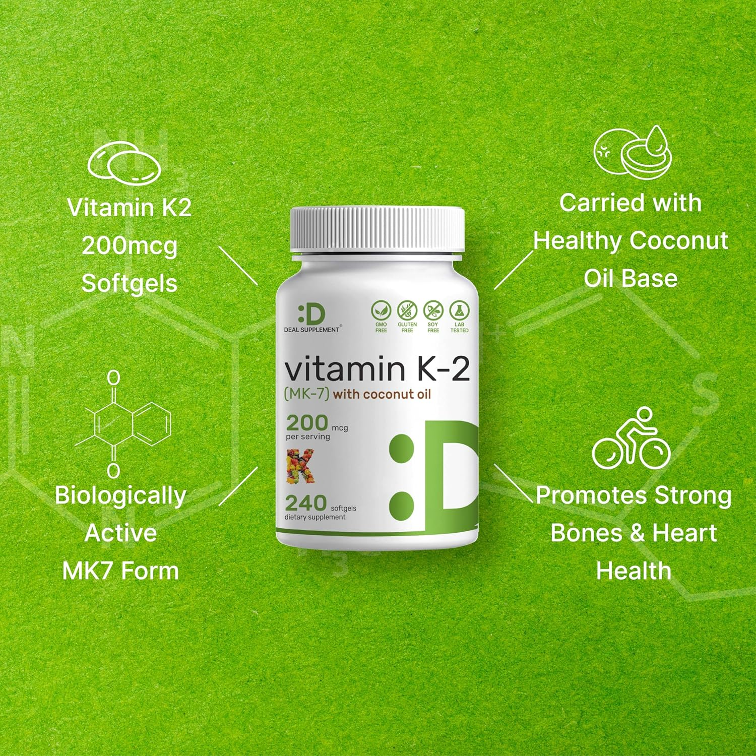 Vitamin K2 MK-7 and MK-4, 150 Mcg per Capsule, 6 Months Supply, Supports Bone Health | Cardiovascular Health - Vitamin K2 Supplement (180 Capsules) image number 3