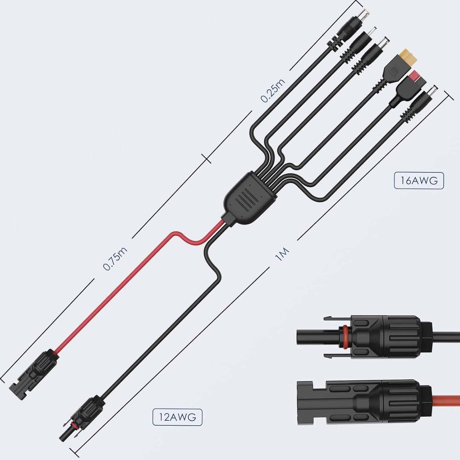 Solar Panel Connector 6 in 1 Solar Extension Cable Connector Kit XT60 Extension Cable Anderson 4 DC Ports(Dc7909 DC6530 DC5521 DC35135) Solar Connector Kit Outlet Splitter