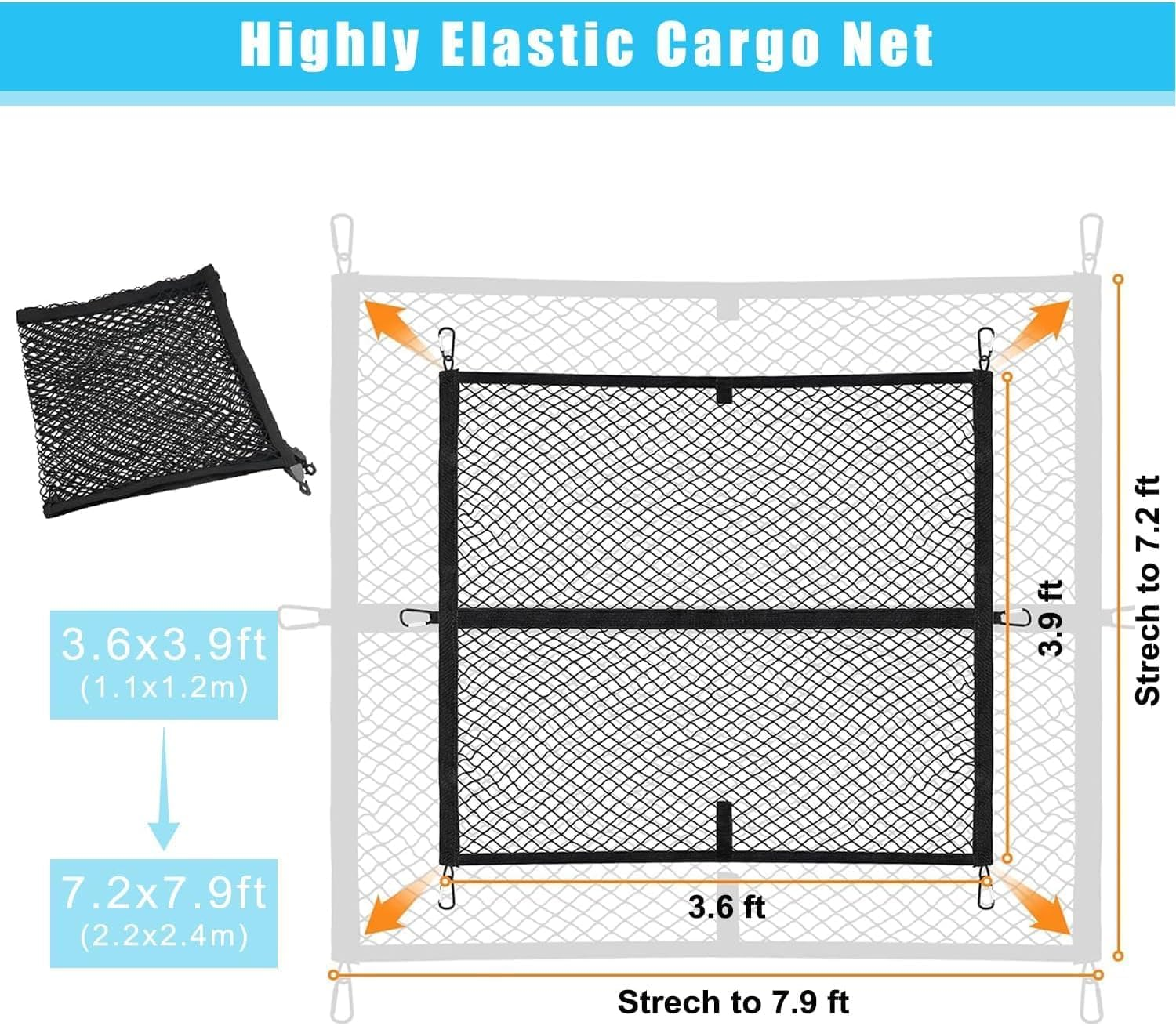Truck Cargo Net, Heavy Duty Universal Elastic Truck Bed Cargo Net with 6 Metal Hooks, Adjustable Highly Elastic Storage Mesh Organizer for Car, Pickup Trailer, SUV, Boat, 4X4 FT Expands to 8X8 FT image number 2