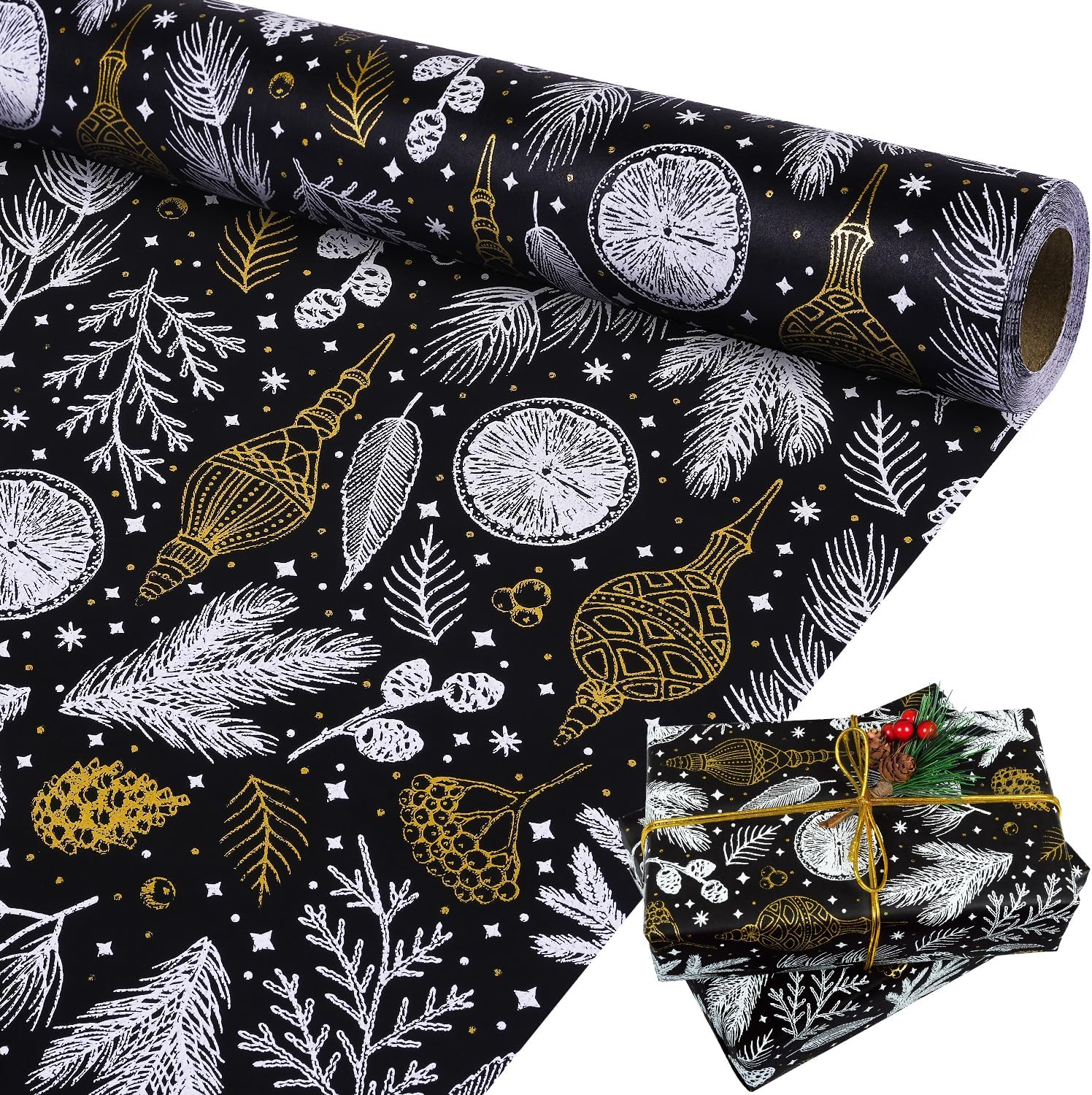 MAMUNU Christmas Wrapping Paper Roll - Vintage Brown Kraft Gift Paper with Snowflake Design - Gift Wrap for Christmas Holiday Birthday Party - Great for Girls Boys Women Men - 17Inch X 49Feet