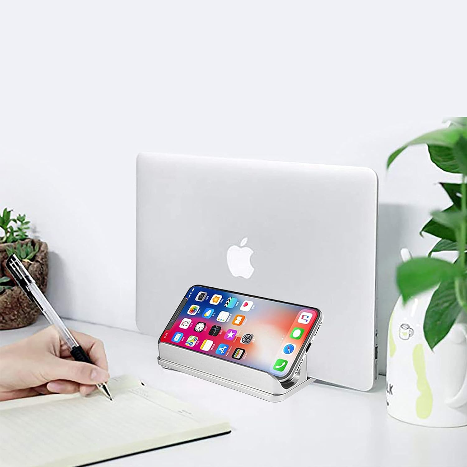 PHOCAR Vertical Laptop Stand, 2-In-1 Design for Laptop and Cellphone, Laptop Vertical Holder for Desk, Gaming Laptop Base, Cell Phone Holder Compatible with Macbook Air Pro, Ipad Mini Pro Air, Iphone, HP, Dell, Surface, Chromebook image number 2