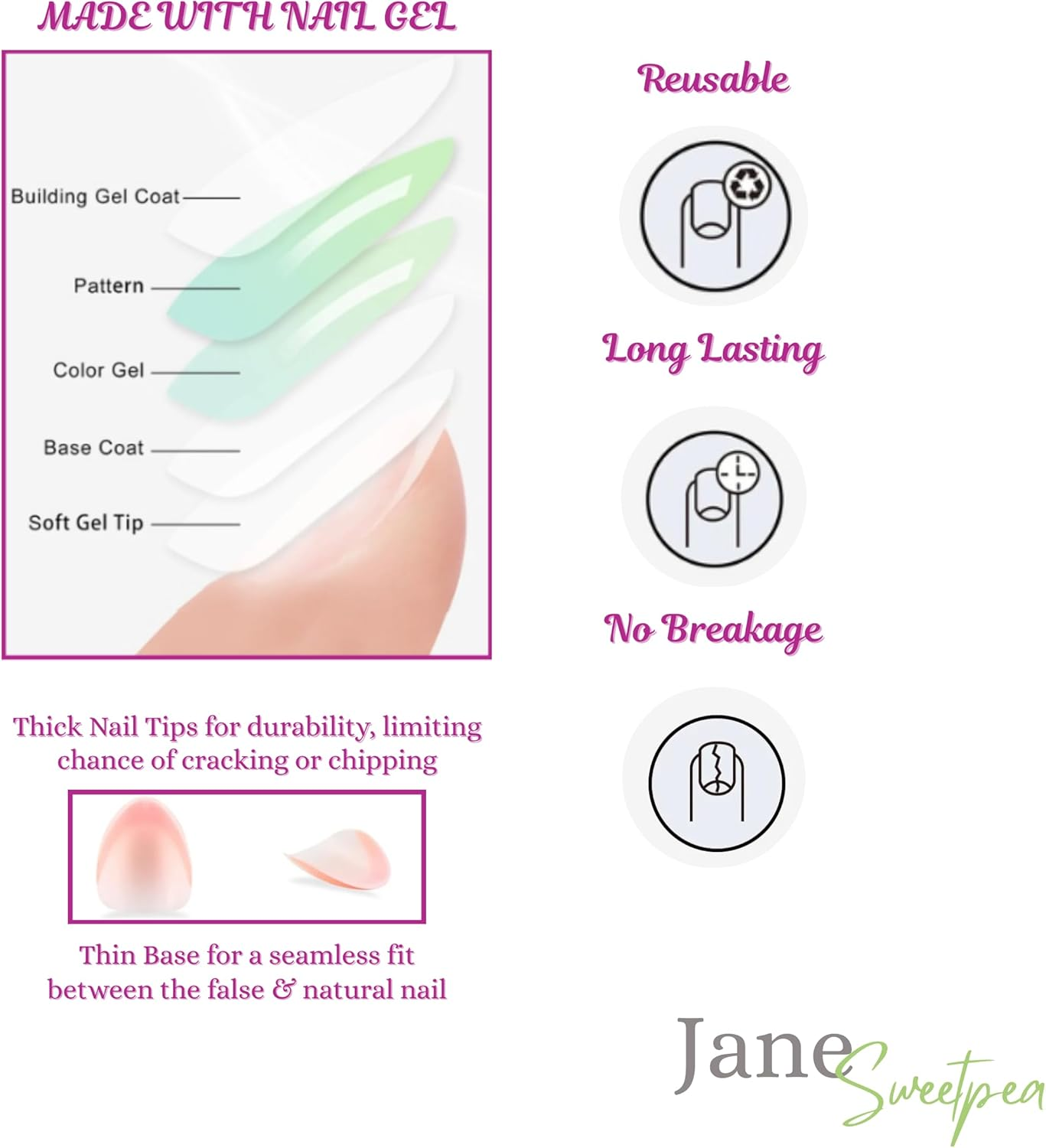 Dreamy Blue Skies Press-On Nails by Jane Sweetpea &ndash; Glossy Sky-Inspired Clouds Design, 30 Reusable Tips, Medium Squoval, Glue, Adhesive Tabs & Manicure Tools Included - Almond, Purple image number 5