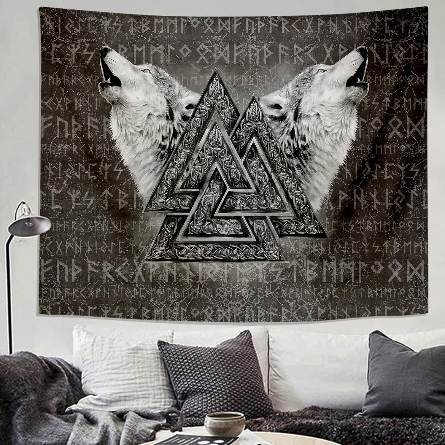 ST Soleme.Tc Viking Norse Wolf Tapestry Valknut Art Wall Nordic Mythology Tapestry Medieval Large Wall Hanging Runes Aesthetic Tapestries for Bedroom Home Decor Boy Men, 80" X 60" image number 3