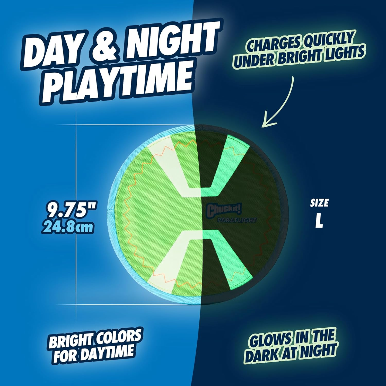 Chuckit! Paraflight Flyer Dog Frisbee for Long Distance Fetch Green/Blue, Large - Green/Max Glow image number 5
