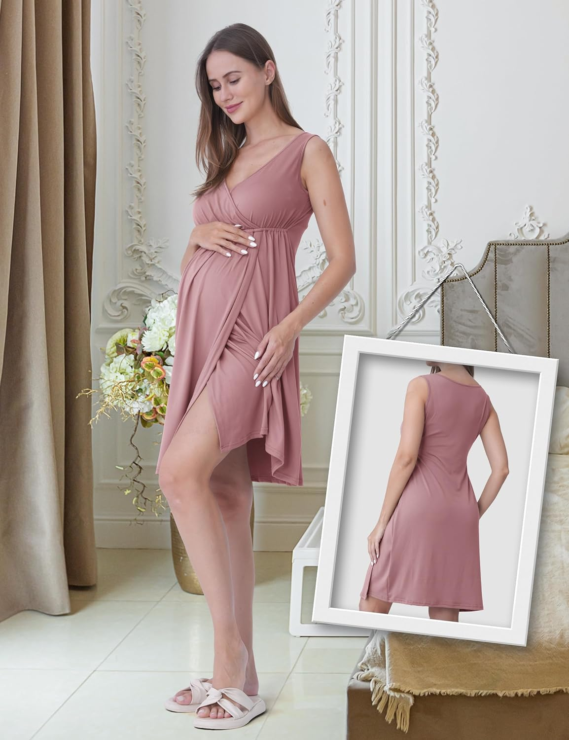SUNNYBUY Maternity and Nursing Nightdress with Dressing Gown 2-Piece 3-In-1 Pregnancy Night Dress Set for Birth, Postpartum and Breastfeeding, Hospital Sleepwear image number 2