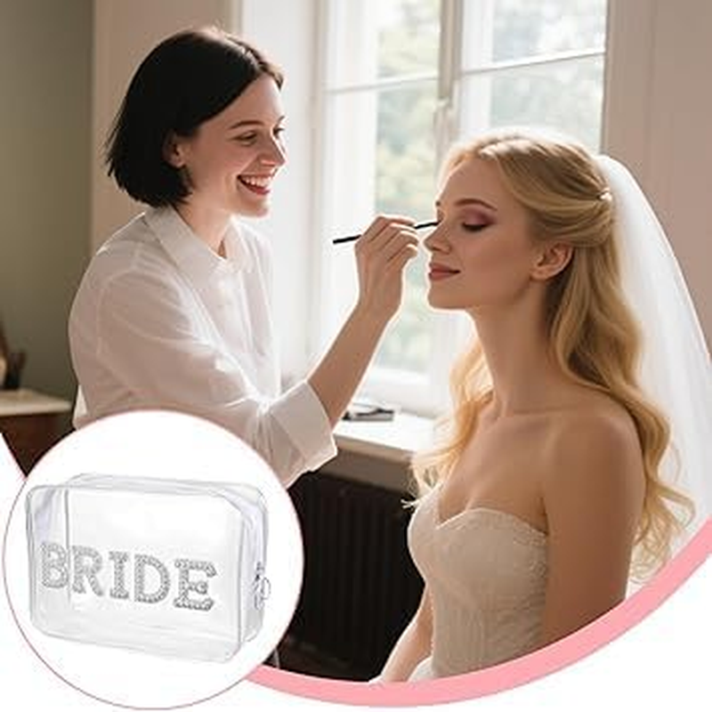 Clear Bride Makeup Bag for Women Bridesmaid Engagement Gift, Pearl Rhinestone Letter Patch Bride Pouch Gifts for Bachelorette Party Wedding Bridal Shower... (Clear, 1PC) image number 2