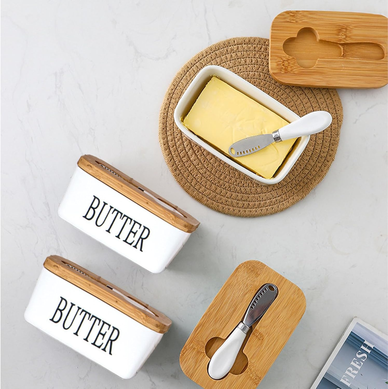 Xutong Butter Dish with Lid, Stainless Steel Butter Knife, Ceramic, Bamboo Lid, White image number 2