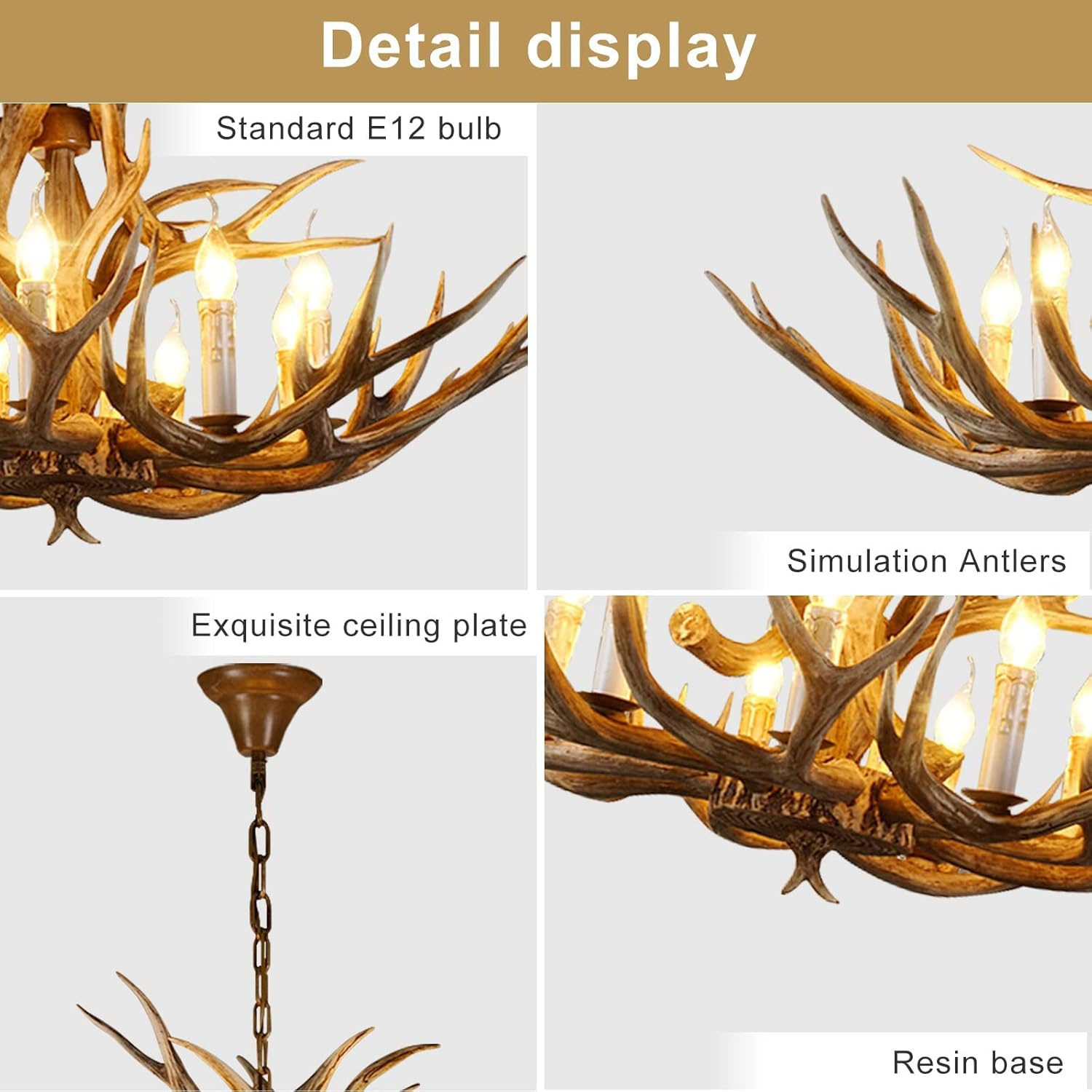 Rustic Antler Chandelier 8 Light, Large Deer Antler Chandelier Lighting Resin Antler Light Fixtures, Vintage Farmhouse Deer Horn Chandelier for Dining Room Kitchen Living Room, 8 Lights 11 Antlers image number 5