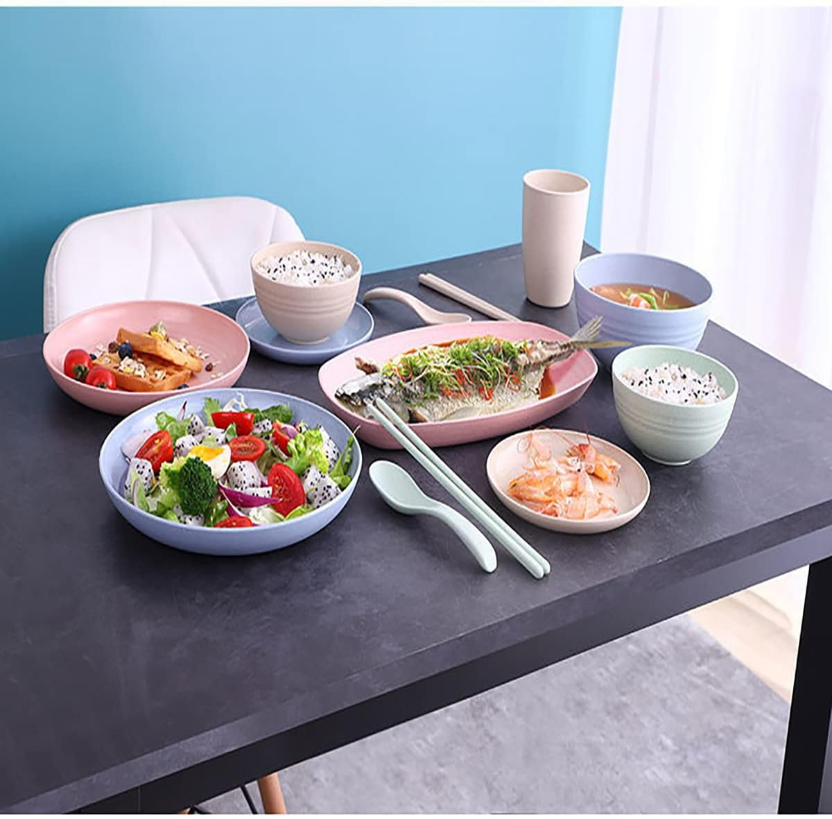 28 Pieces Bowl Set Tablewares, Wheat Straw Plates,Lightweight Degradable Dinner Plates Set,Bowls, Cups, Tablewares Set, Dishwasher Safe Dinnerware Set, Unbreakable Salad Plates image number 5