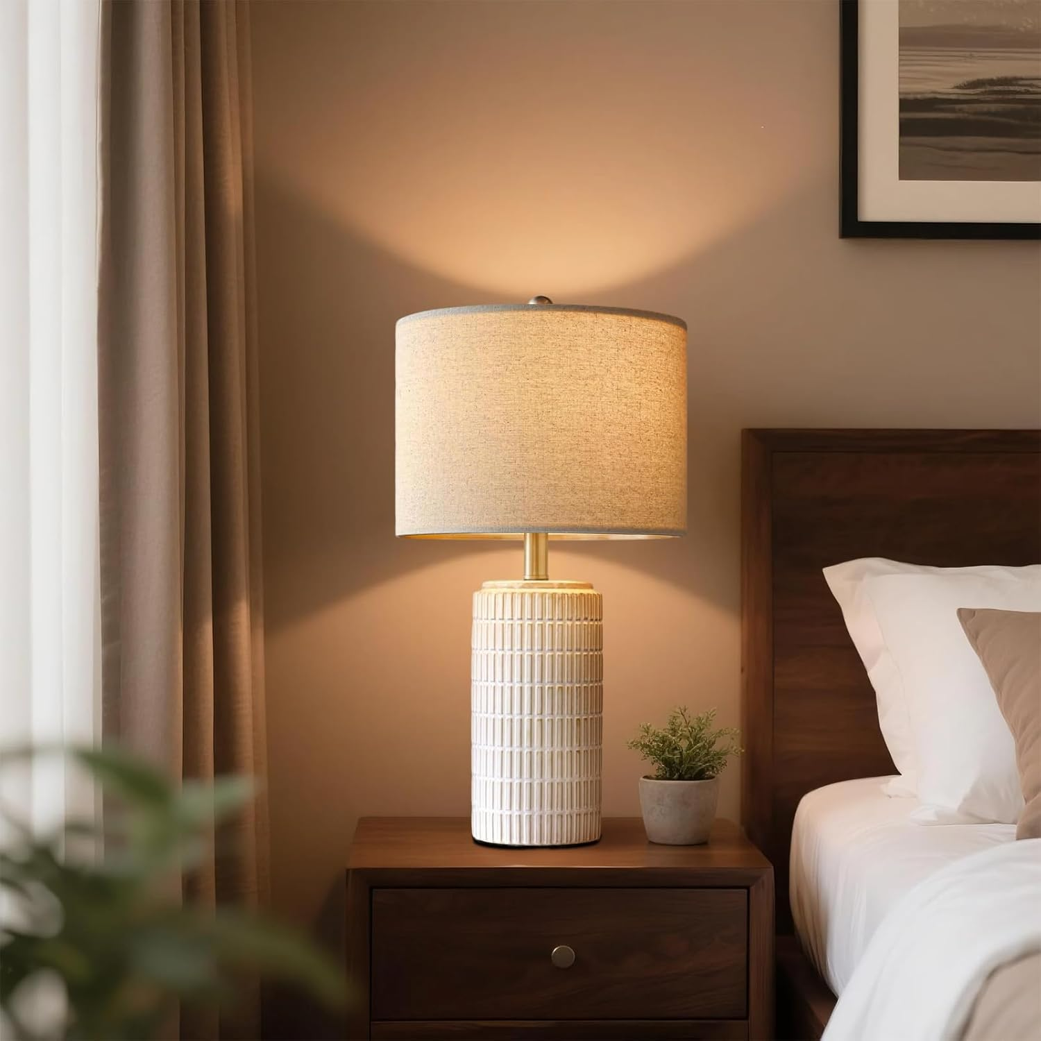 Clora Tall Bedside Lamp, Set of 2 Table Lamp, 3 Color Temperatures, Farmhouse Nightstand Light with Beige Lampshade for Living Room Bedroom Office Home Decor (Beige and White - 56Cm Ceramic Lamp) image number 6