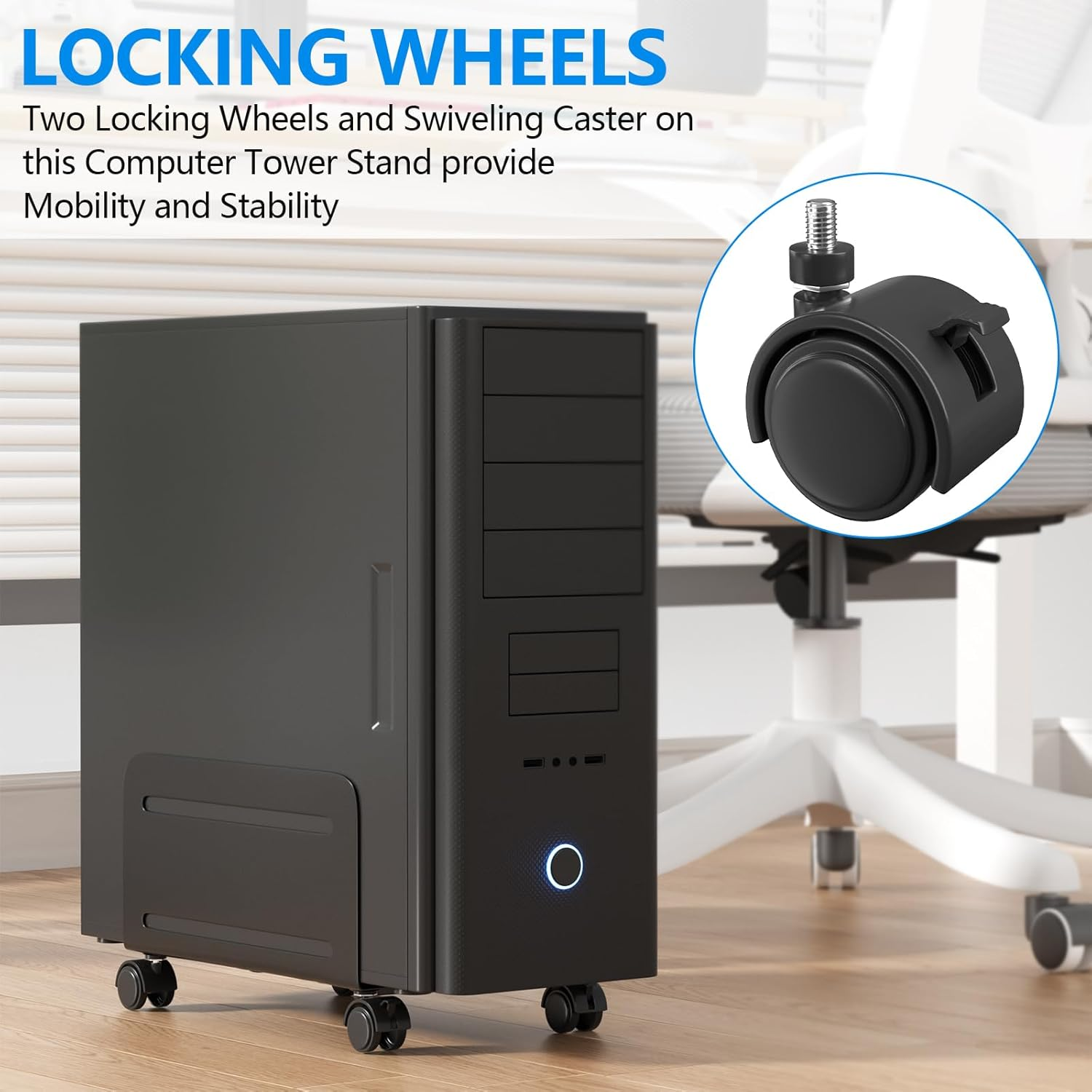 AGPTEK Adjustable and Lockable CPU Stand, Computer Tower Stand Adjustable Width from 12Cm to 20.8Cm with 2 Locking Wheels and 2 Caster Wheels, UPC Steel Rolling Stand Computer Stand for Desktop Tower image number 6